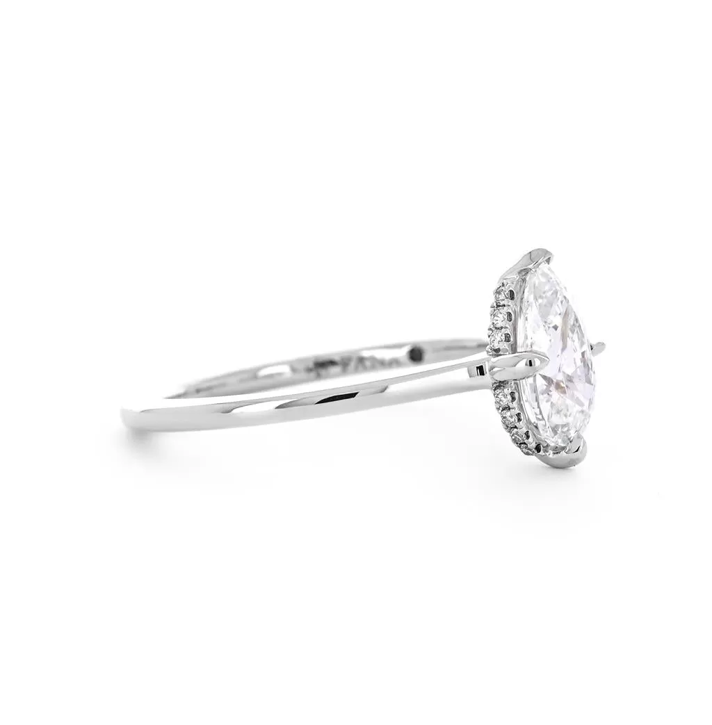 1.07ctw Pear Solitaire Diamond Engagement Ring, Hidden Halo, Compass Prongs - 14K White Gold