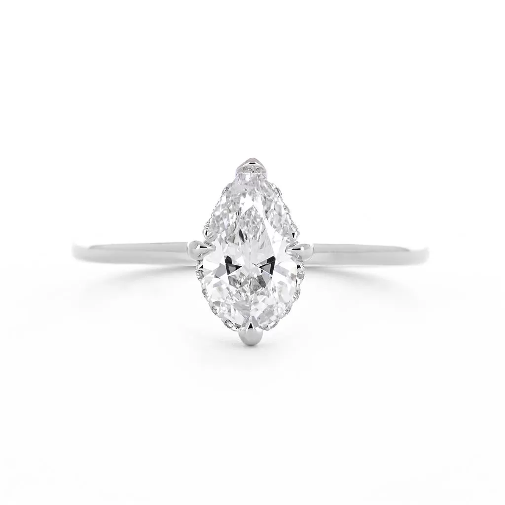 1.07ctw Pear Solitaire Diamond Engagement Ring, Hidden Halo, Compass Prongs - 14K White Gold