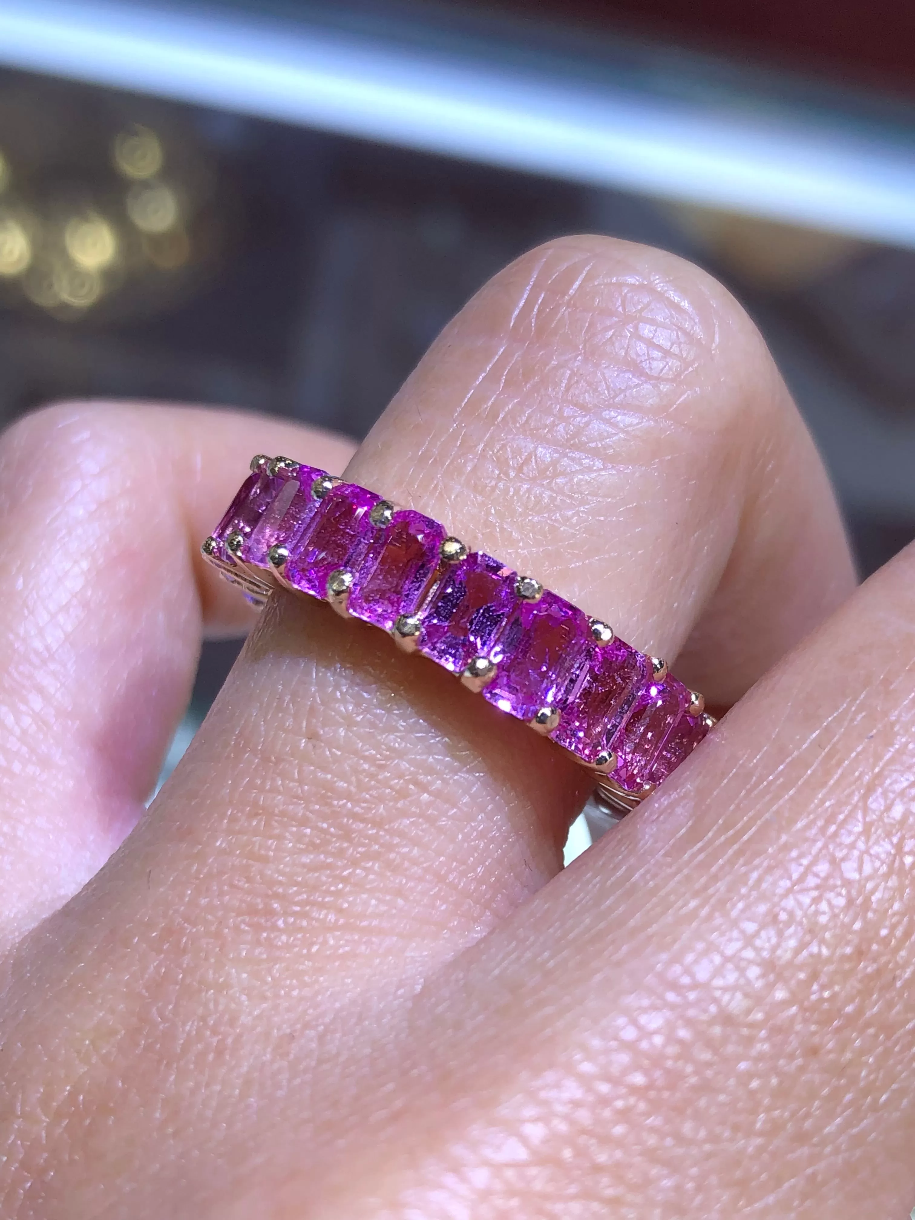 14K Gold Pink Sapphire Radiant Eternity Band