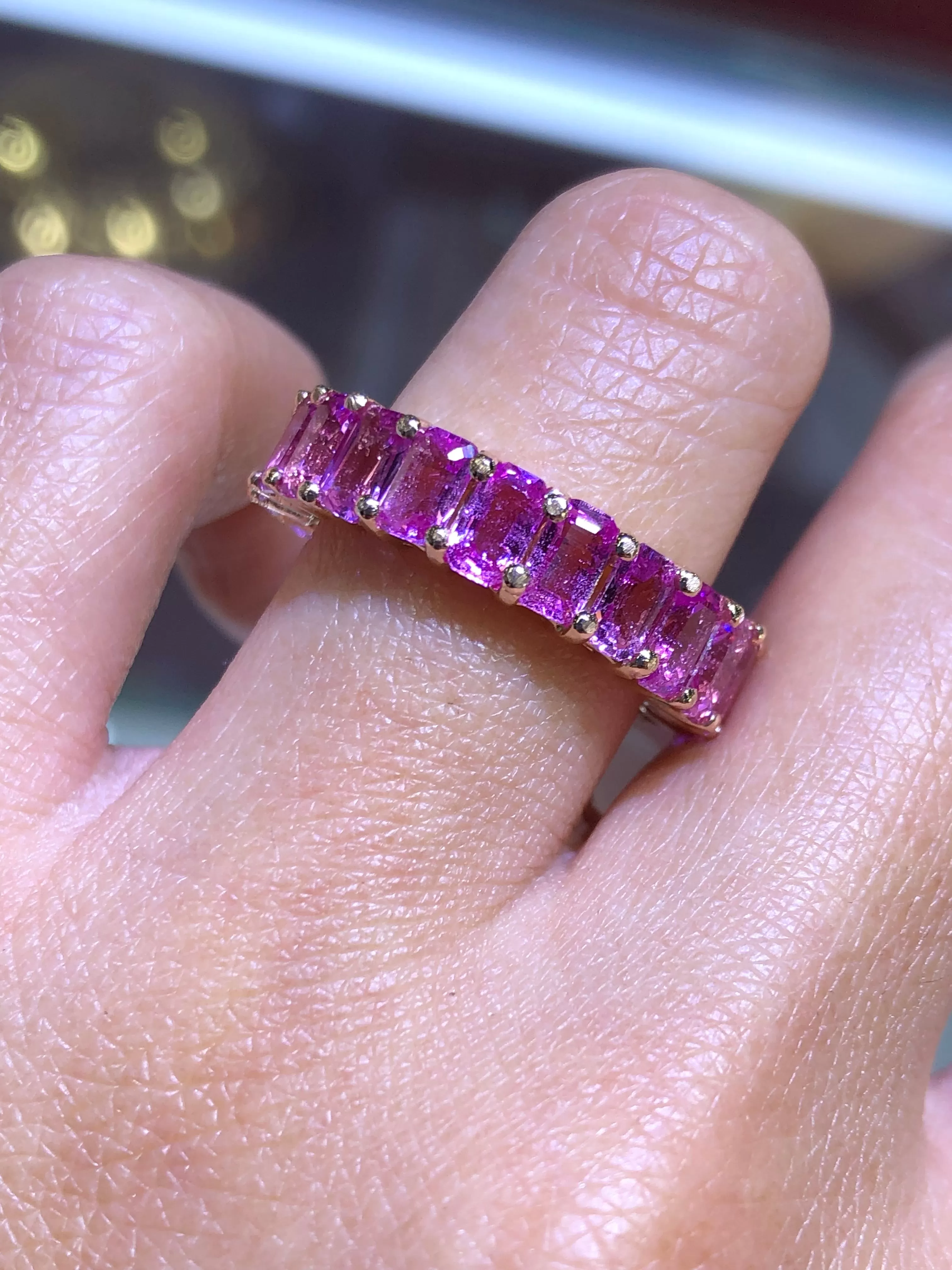 14K Gold Pink Sapphire Radiant Eternity Band