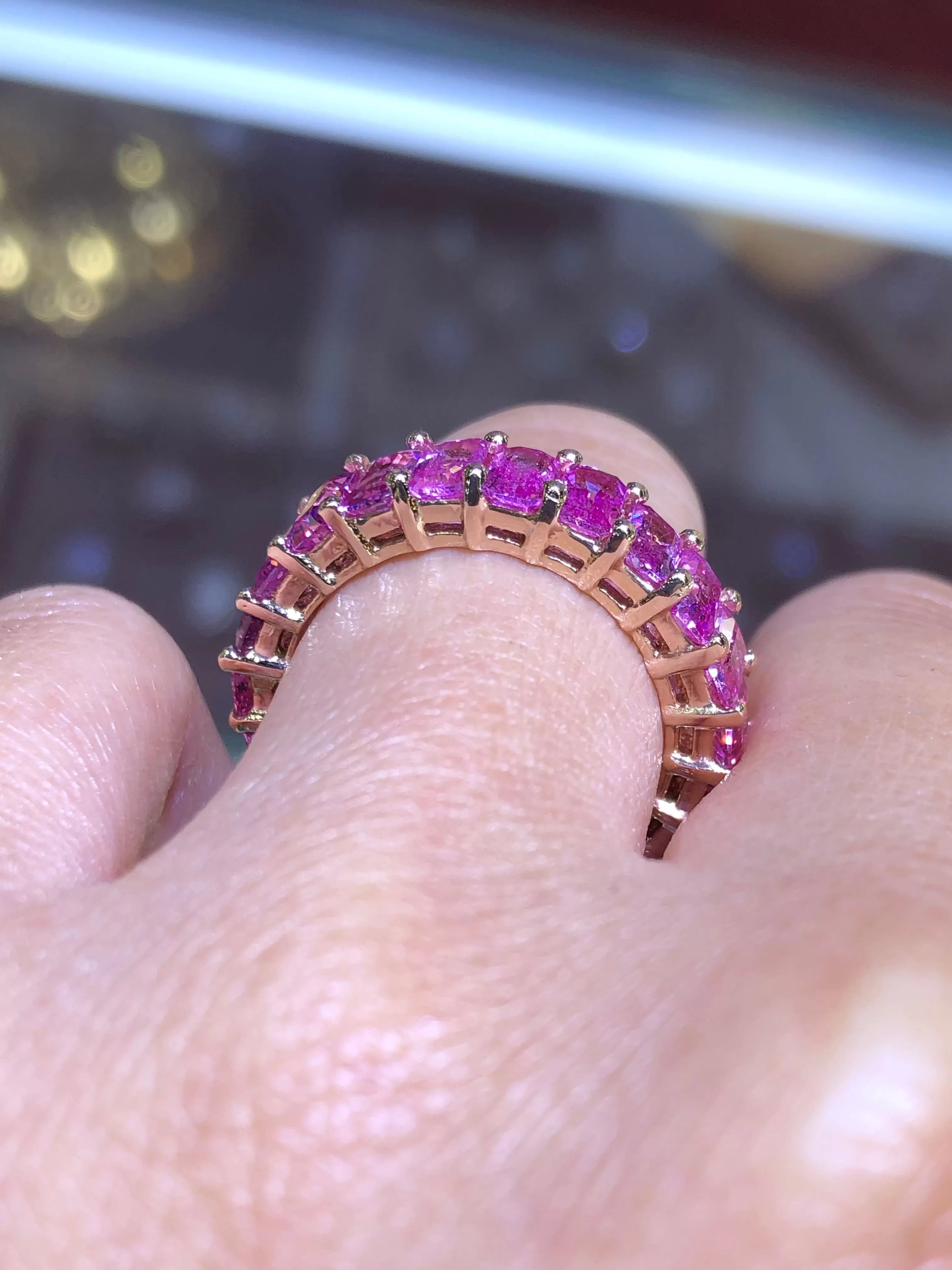 14K Gold Pink Sapphire Radiant Eternity Band