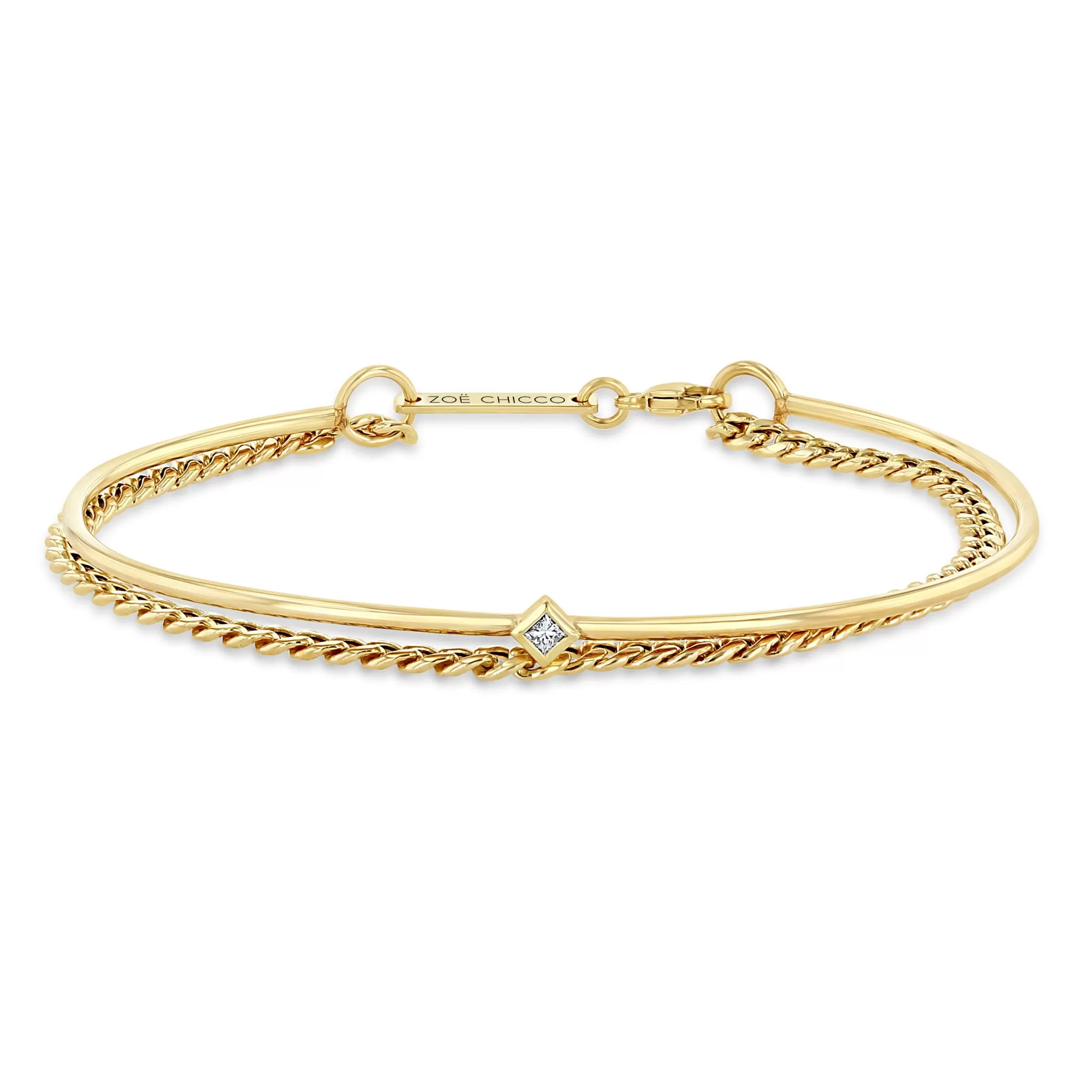 14k Princess Diamond Cuff & Small Curb Chain Double Bracelet