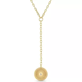 14k Small Sunbeam Medallion on Small Square Oval Chain Lariat Necklace