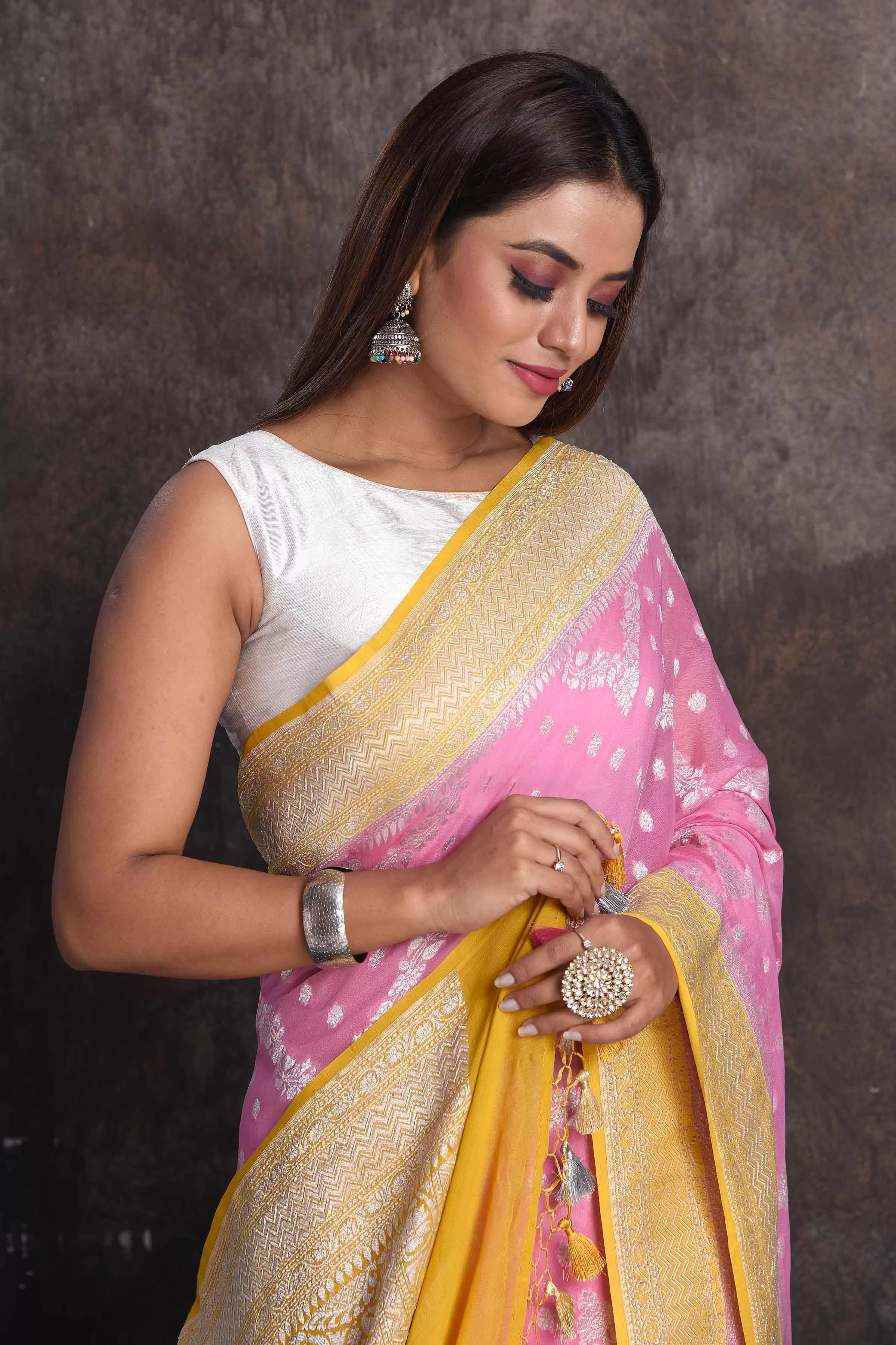 90N675-RO Pastel Pink Georgette Banarasi Sari with Mustard Border