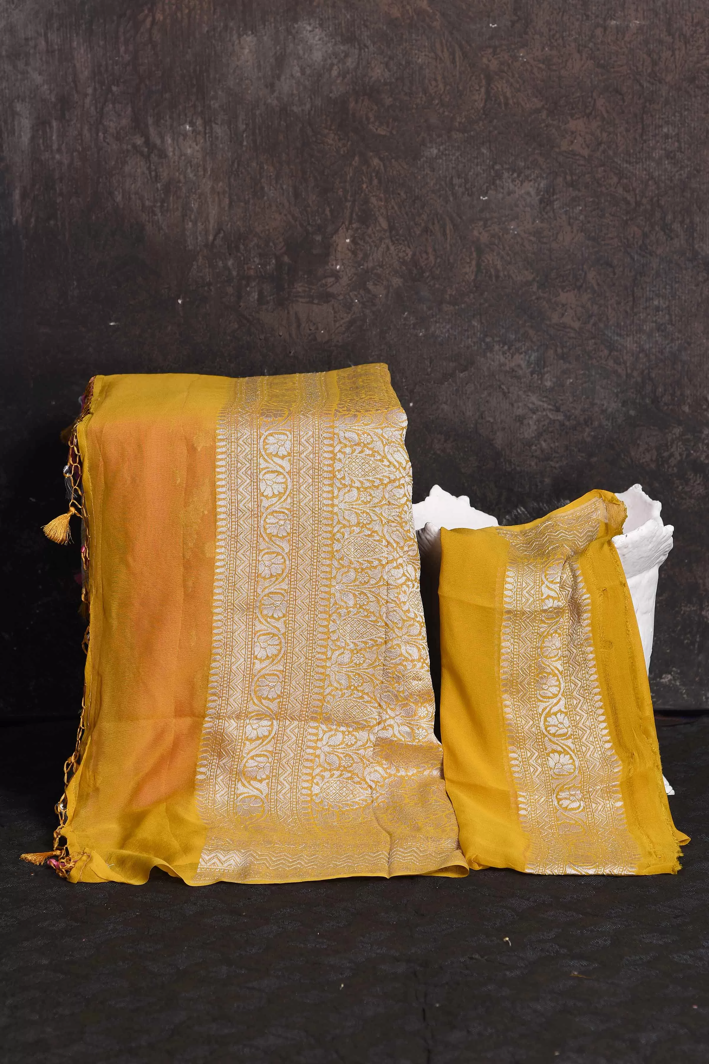 90N675-RO Pastel Pink Georgette Banarasi Sari with Mustard Border