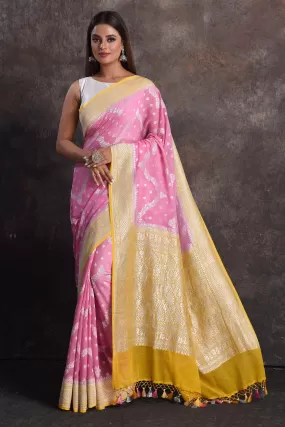 90N675-RO Pastel Pink Georgette Banarasi Sari with Mustard Border