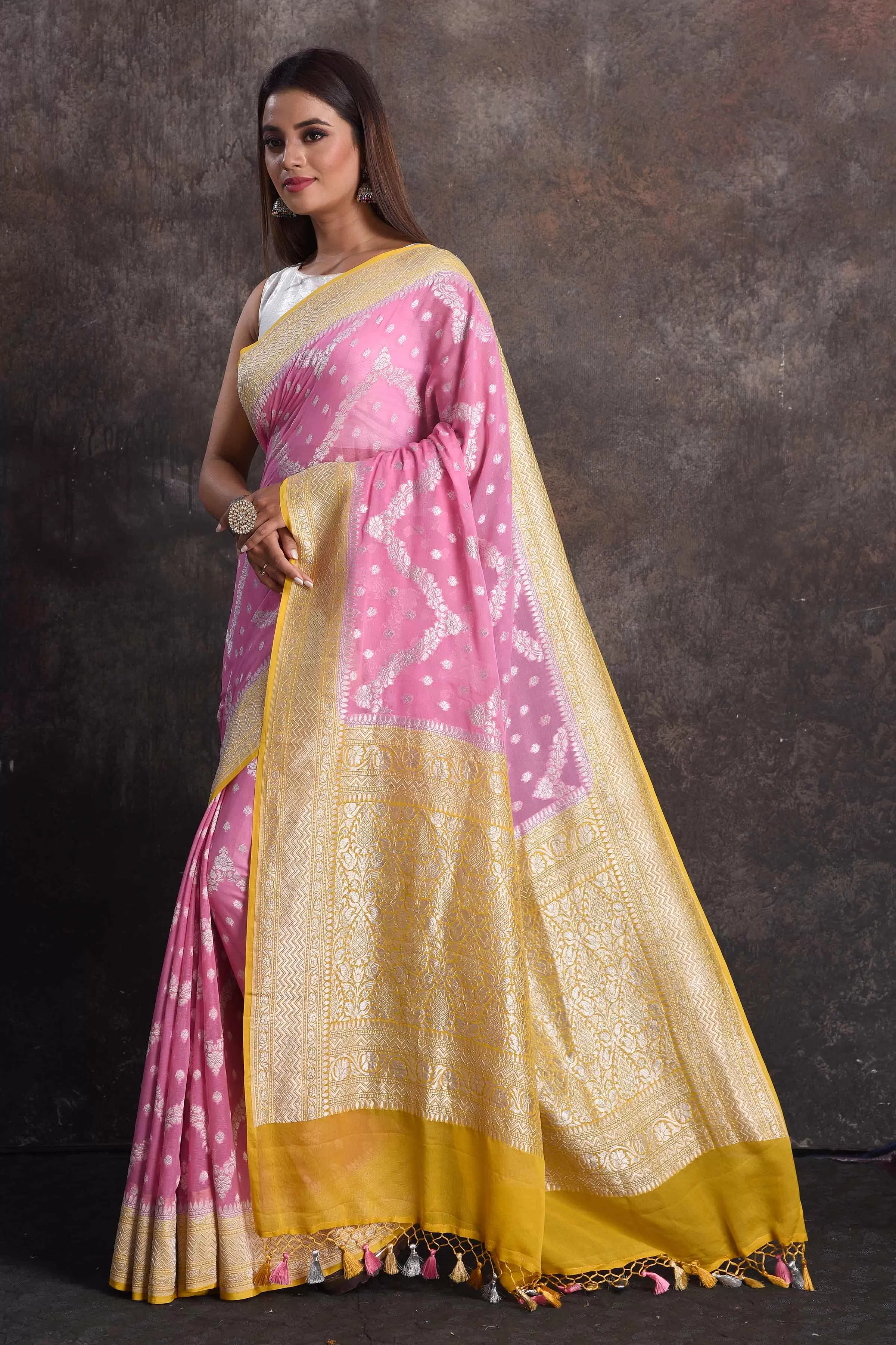 90N675-RO Pastel Pink Georgette Banarasi Sari with Mustard Border