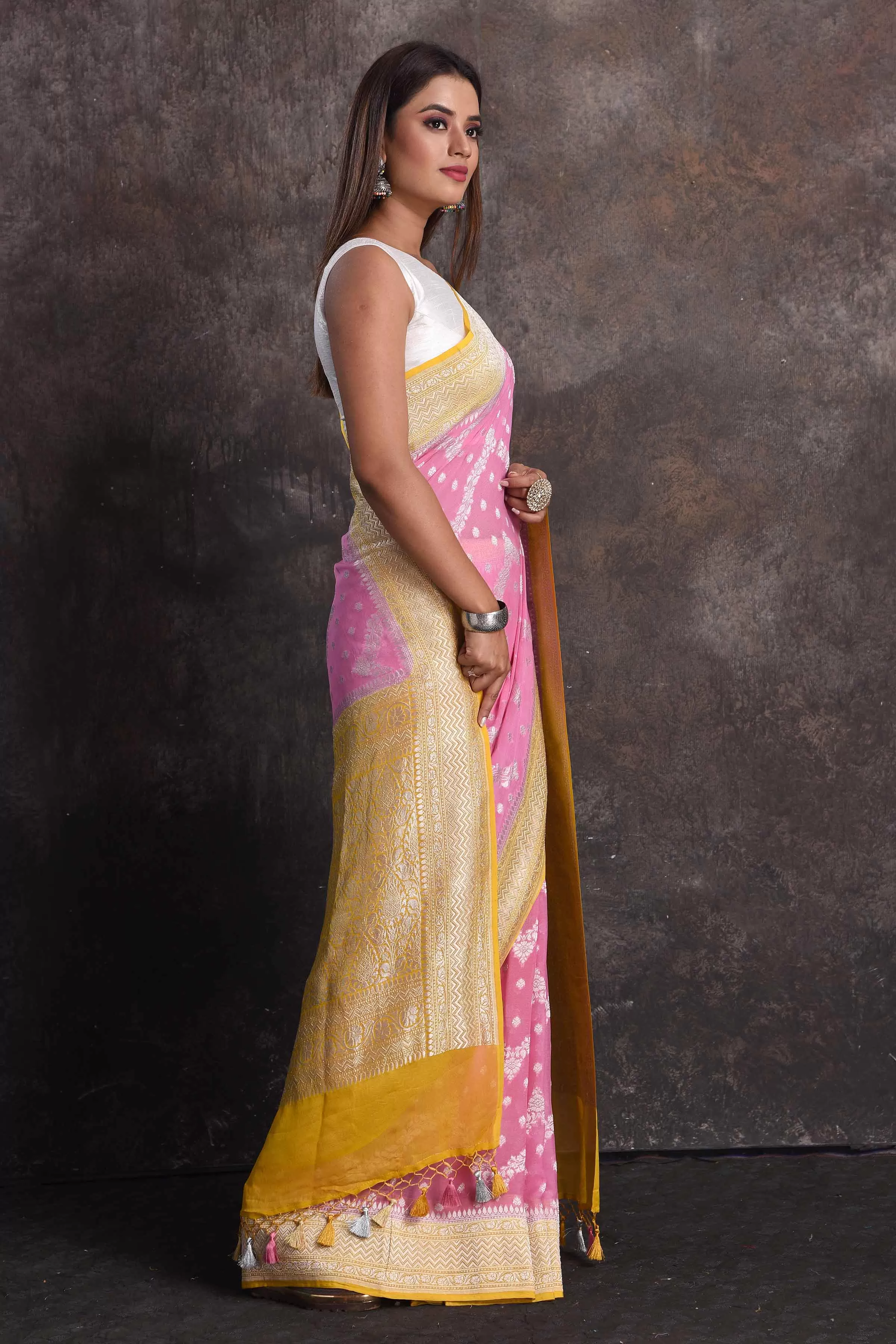 90N675-RO Pastel Pink Georgette Banarasi Sari with Mustard Border