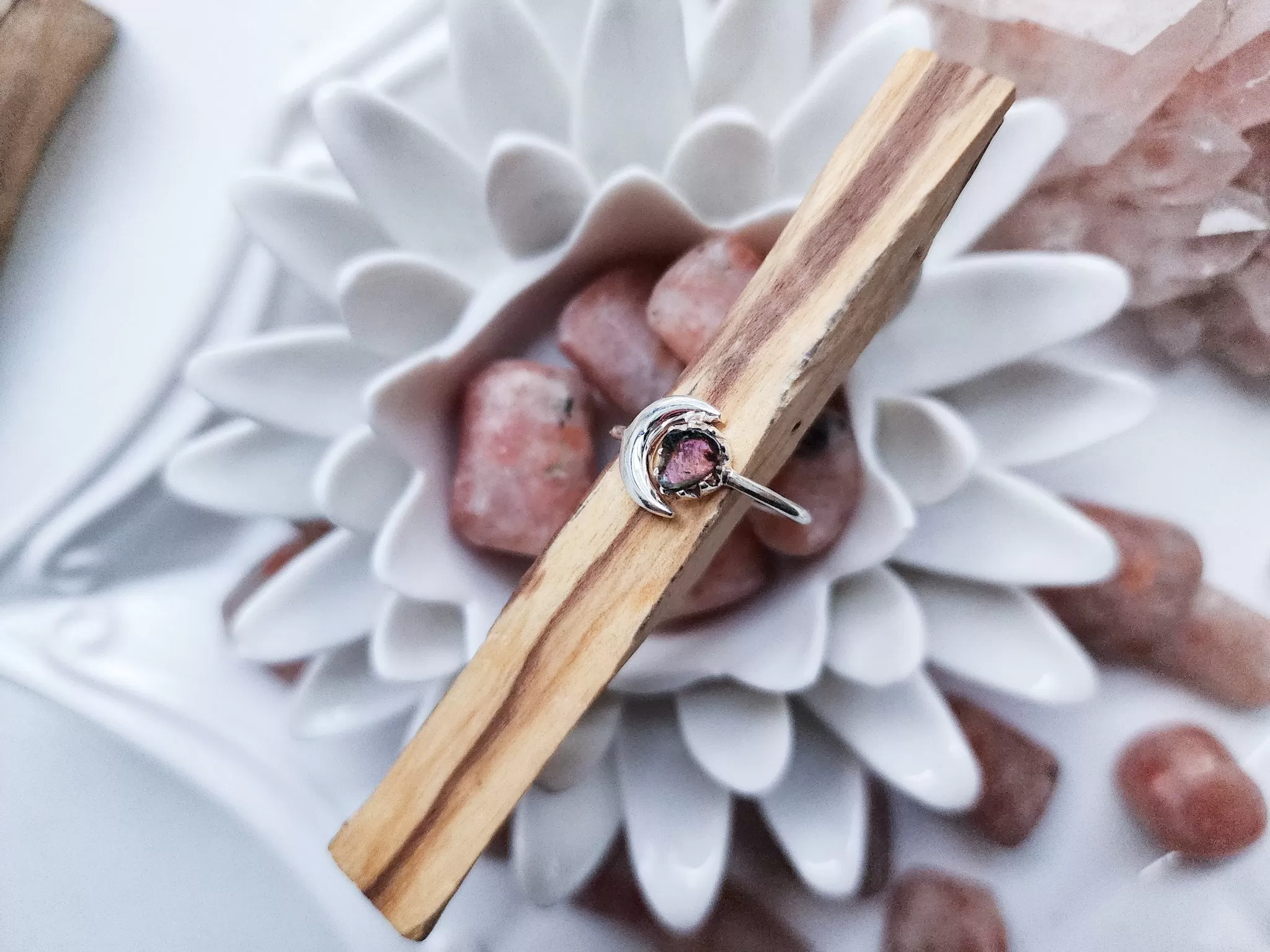 Adjustable Moon Sterling Ring || Watermelon Tourmaline