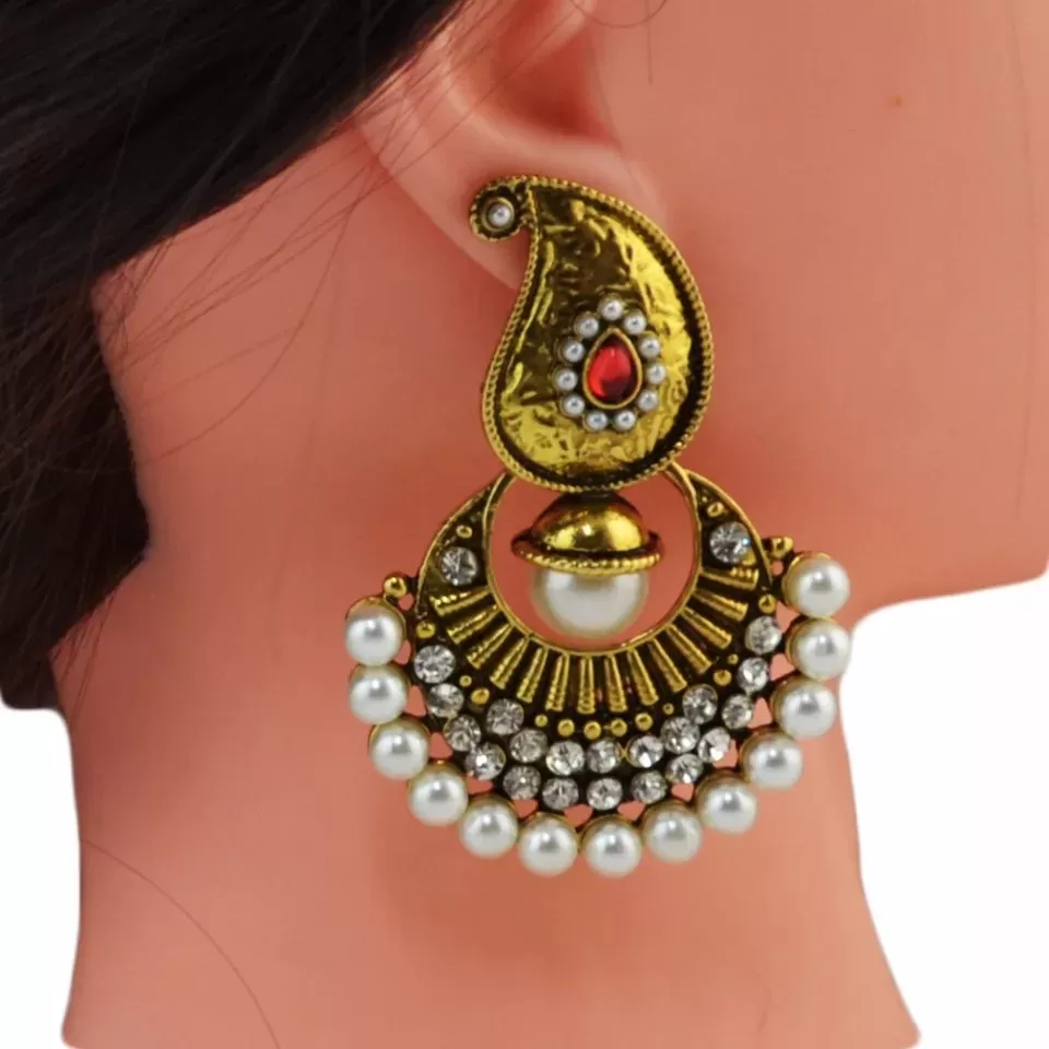 Antique Golden Indian Style Pearls Drop Jhumka Earring