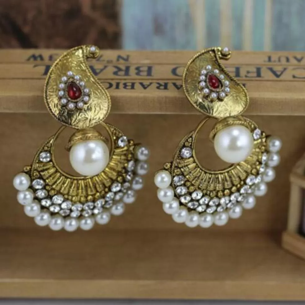 Antique Golden Indian Style Pearls Drop Jhumka Earring