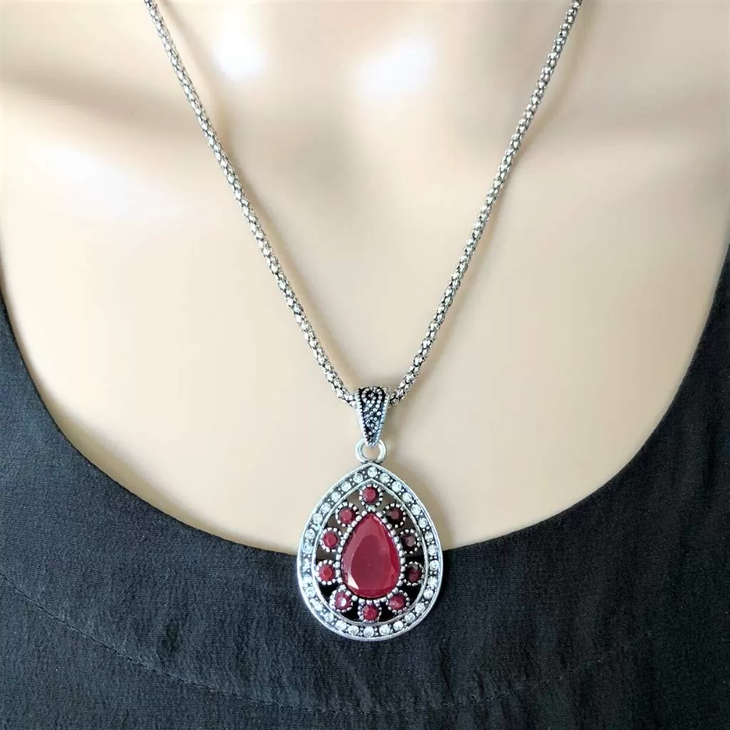 Antique Red Teardrop Pendant Silver Chain