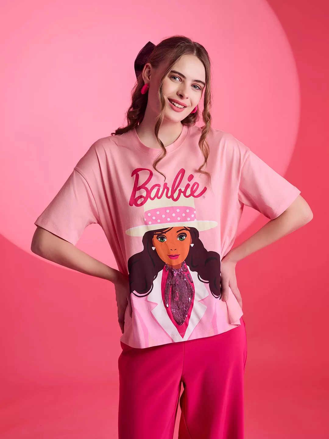 Barbie™ Mattel Pink Printed Graphic T-Shirt With Sequin Work