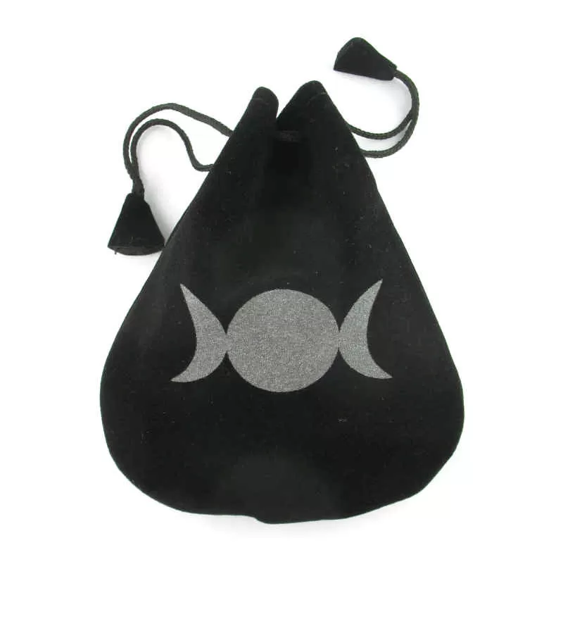 Black Velveteen Triple Moon Symbol Bag Pouch With Drawstring