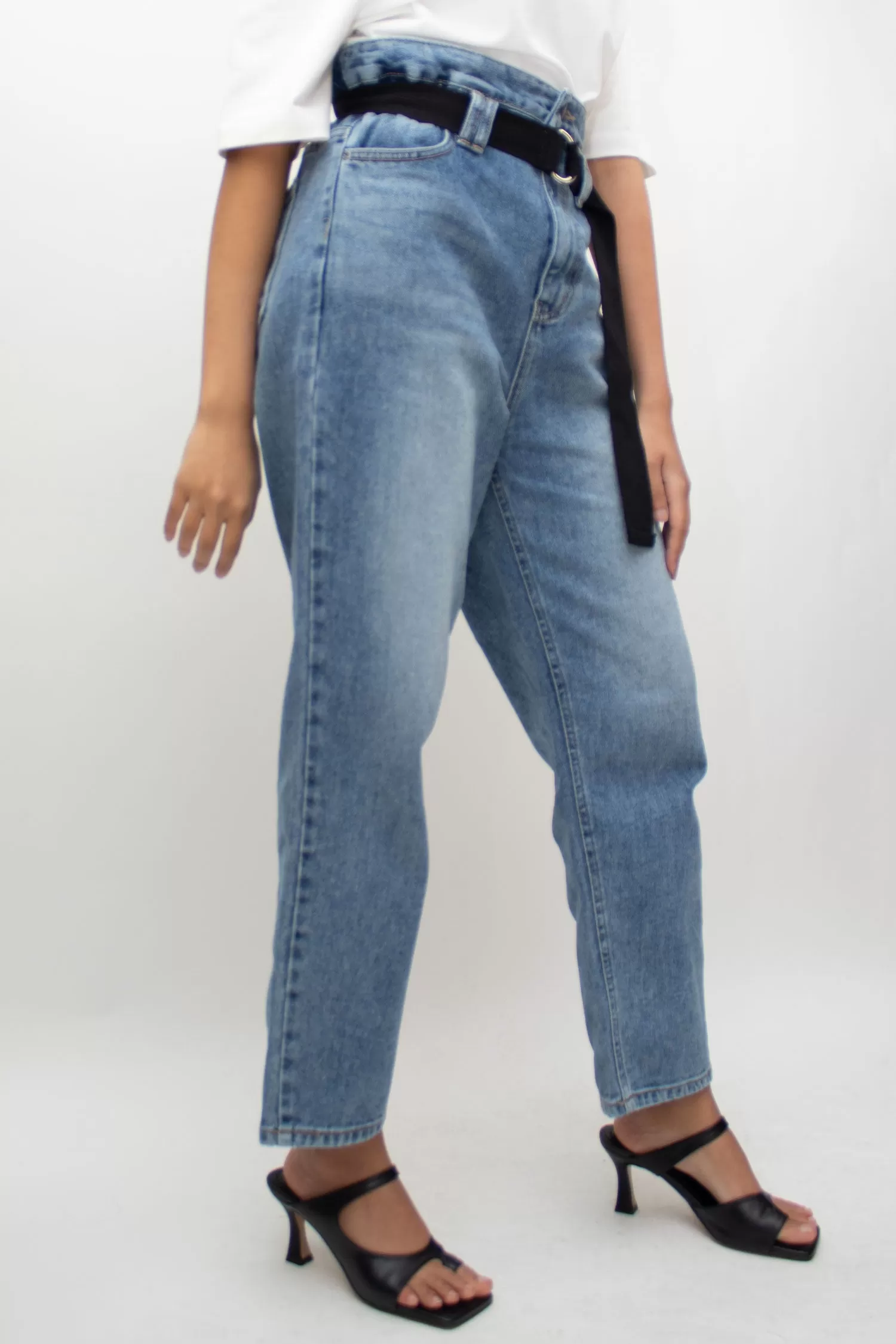 Blue High Rise Belted Jeans