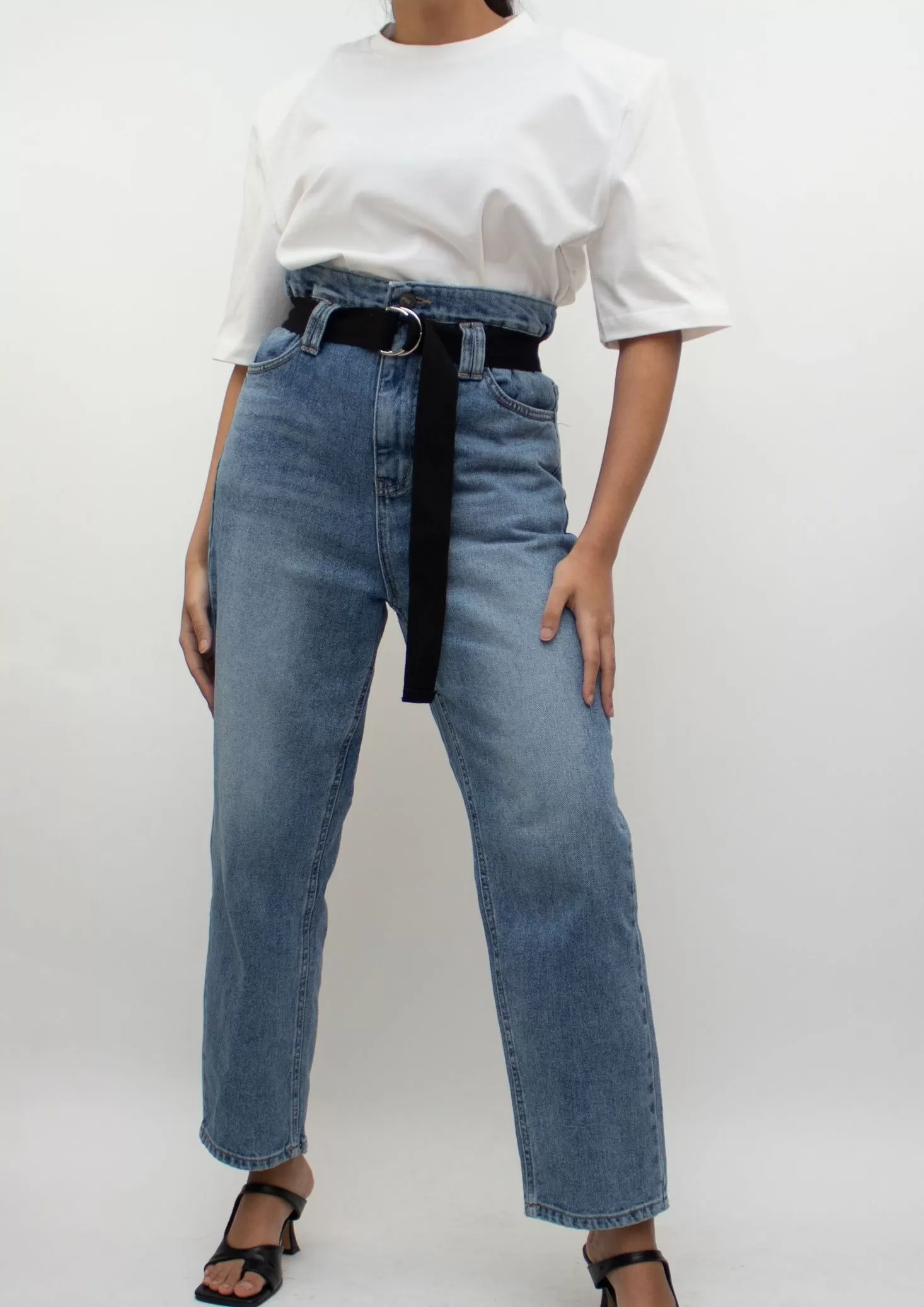 Blue High Rise Belted Jeans