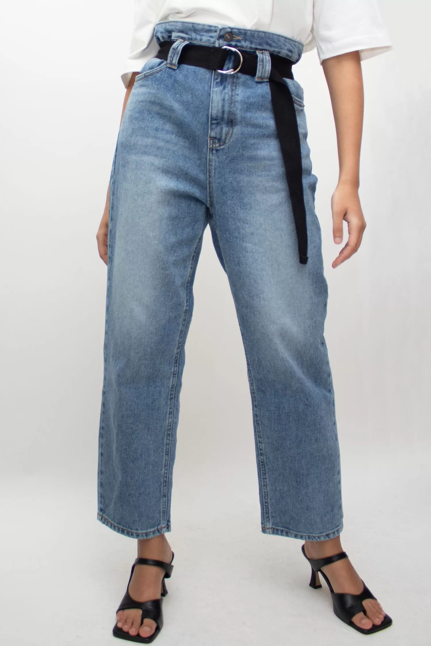 Blue High Rise Belted Jeans