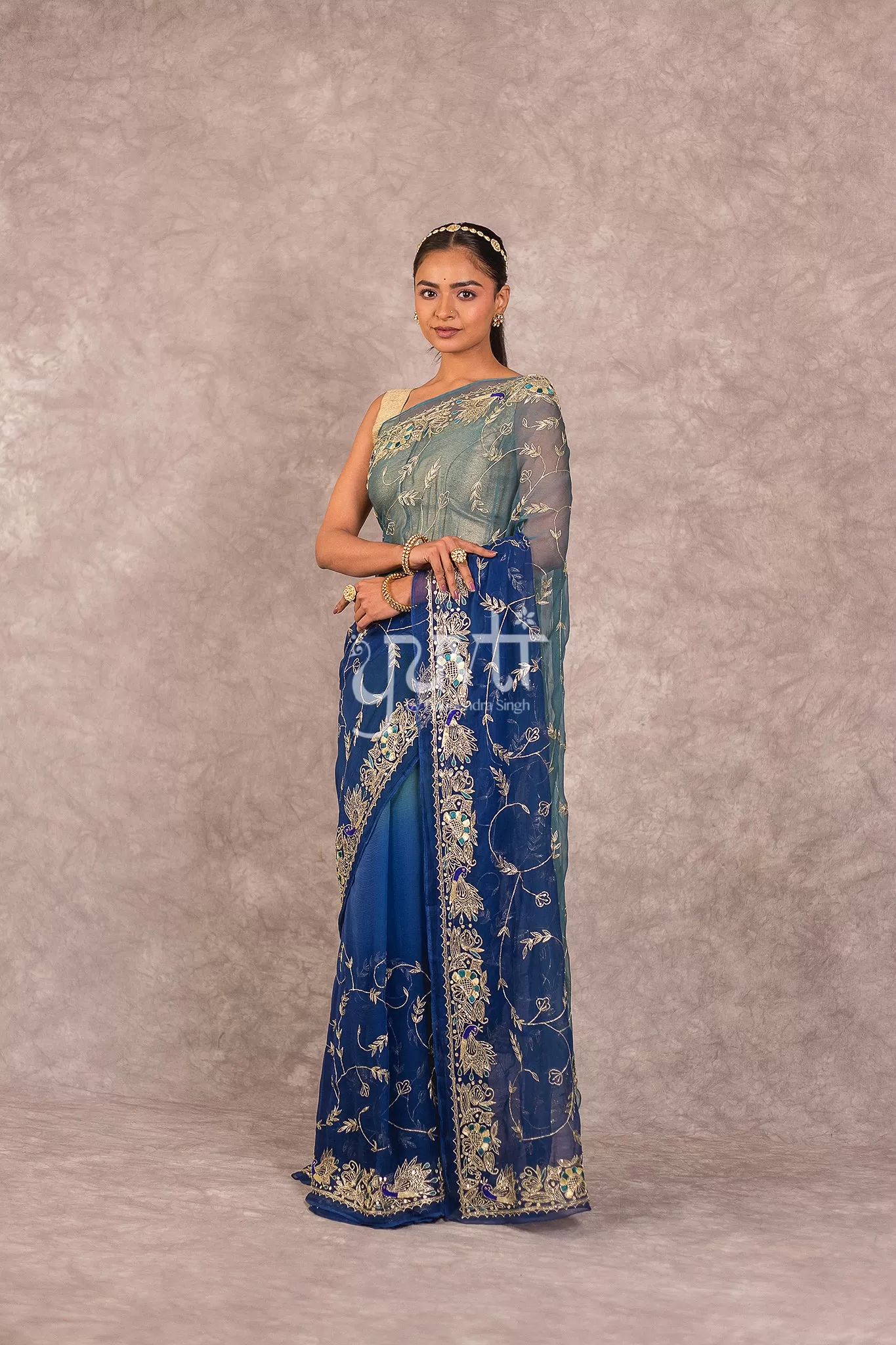 Blue Shaded Viscose Chiffon zari work Saree