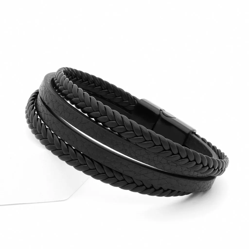 Braided Black Multilayer Leather Bracelet with Magnetic Clasp