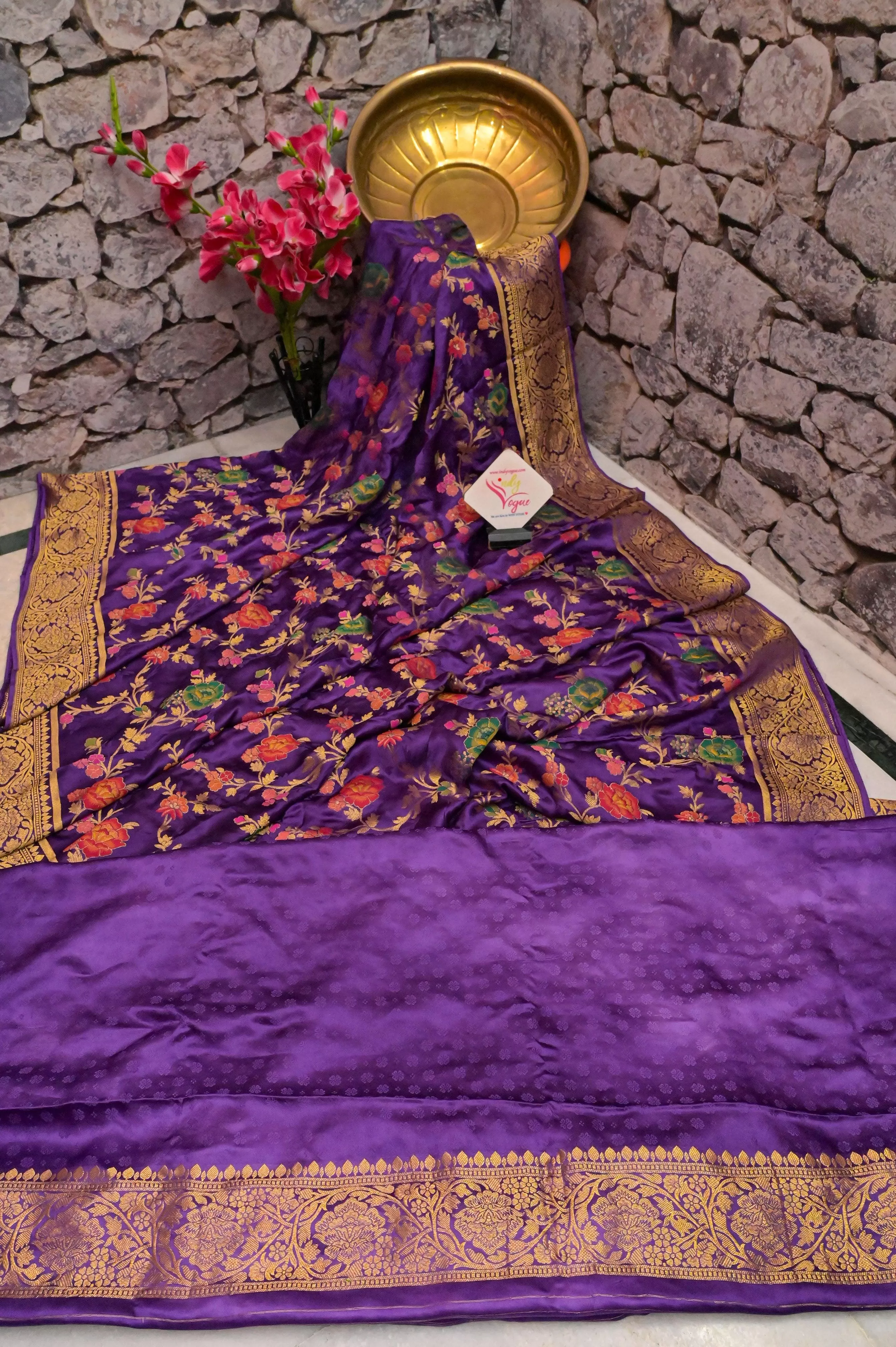 Brinjal Color Satin Katan Banarasi Saree with Allover Work