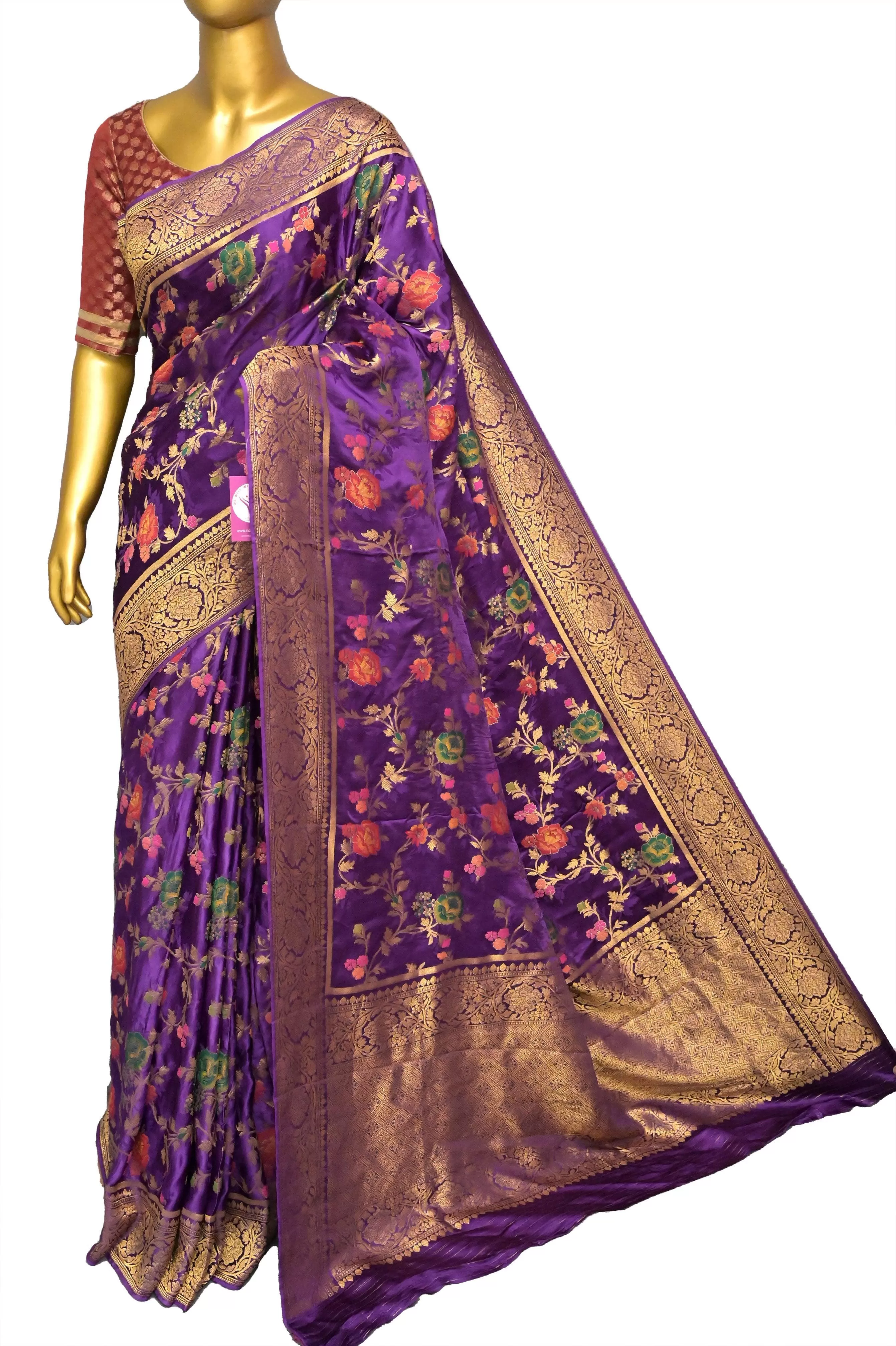 Brinjal Color Satin Katan Banarasi Saree with Allover Work