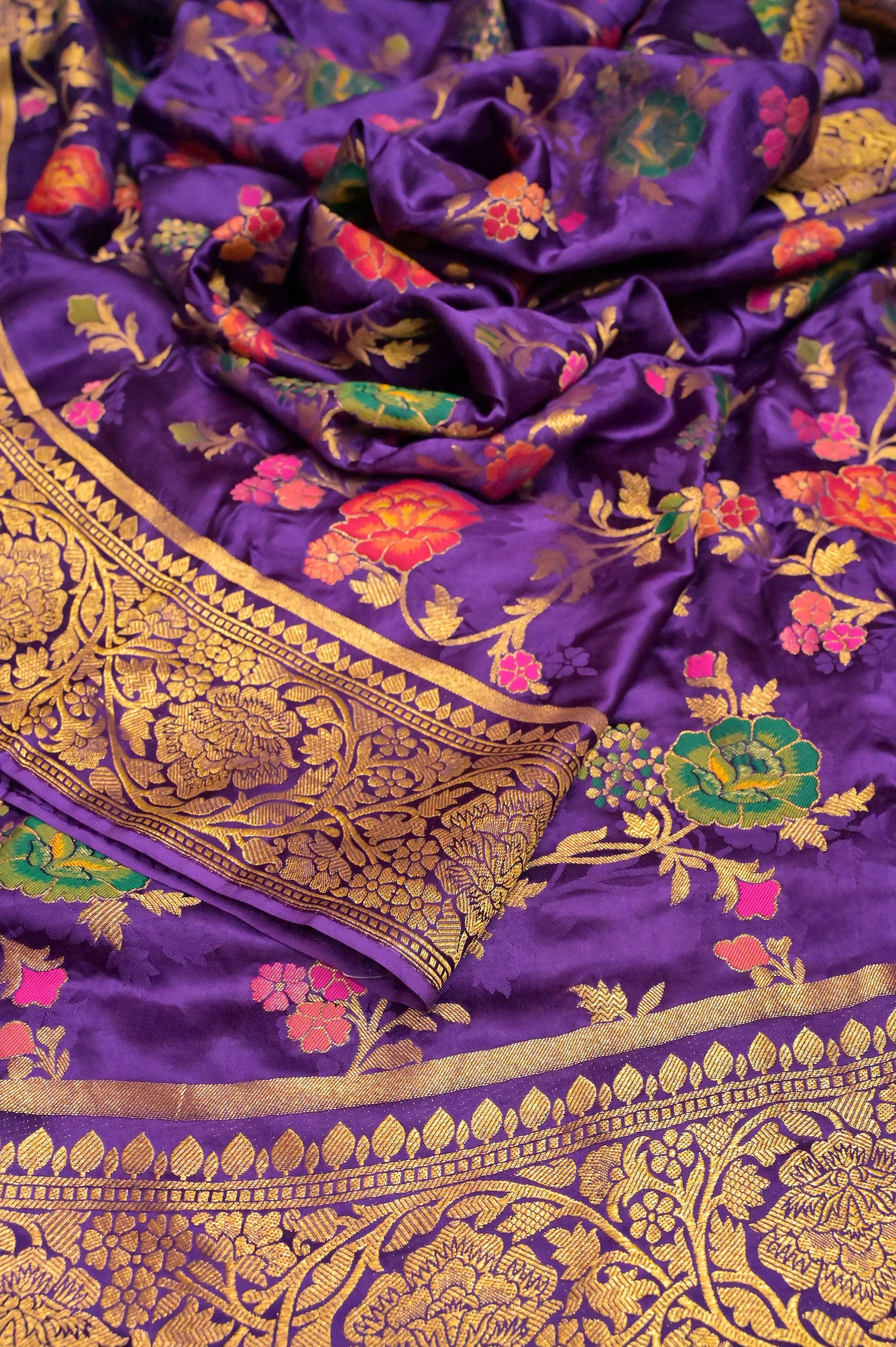 Brinjal Color Satin Katan Banarasi Saree with Allover Work