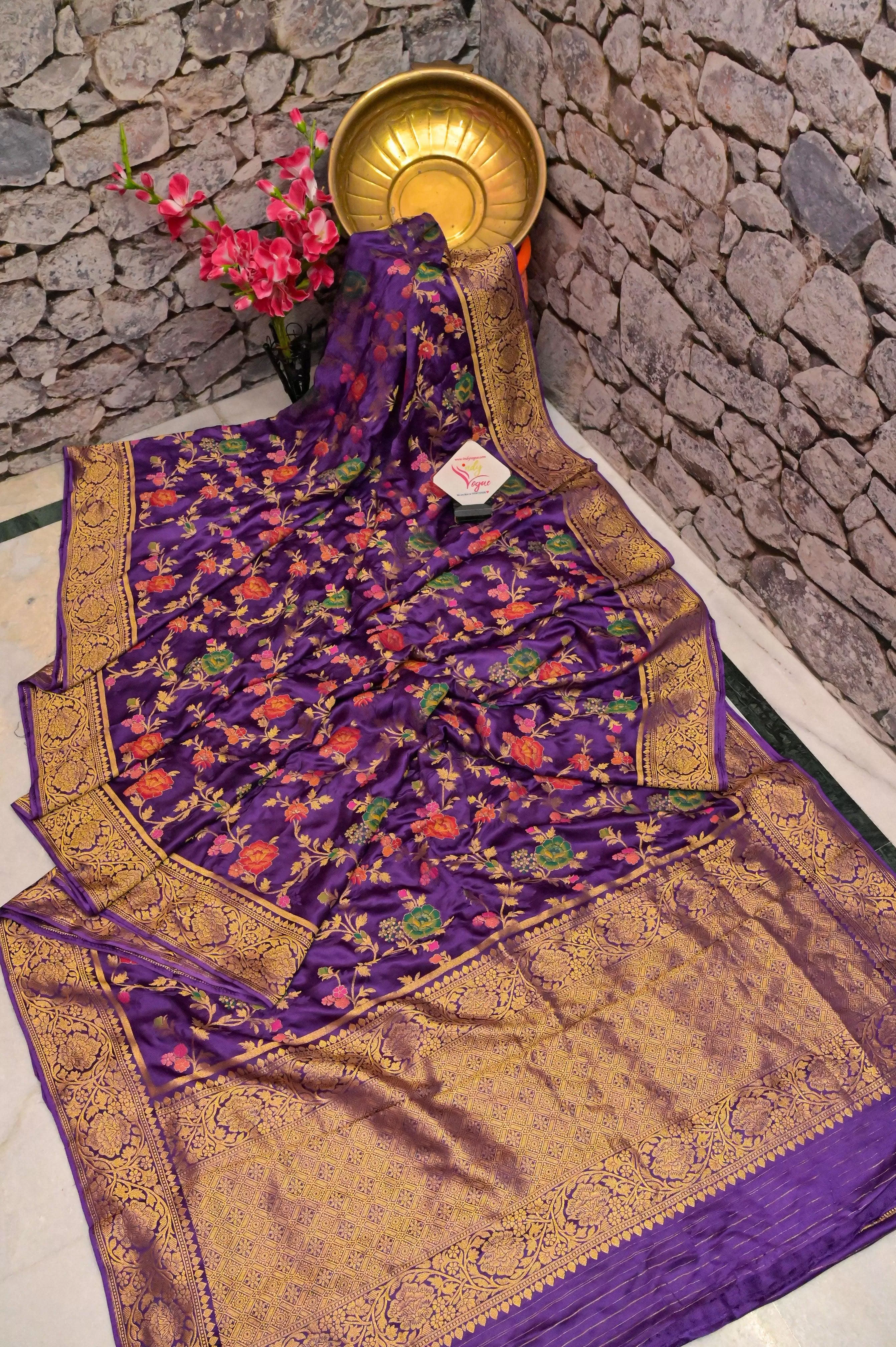 Brinjal Color Satin Katan Banarasi Saree with Allover Work