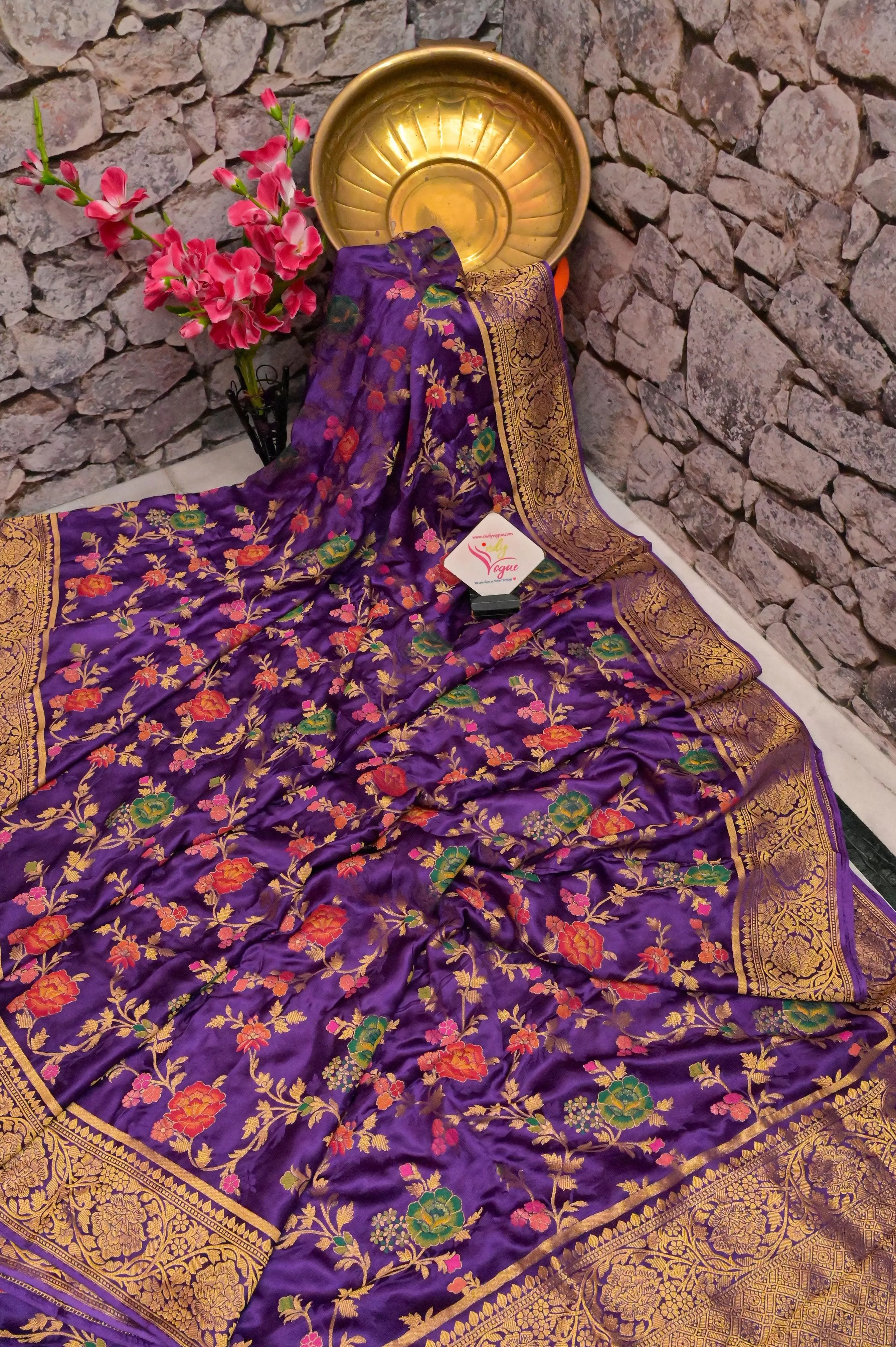 Brinjal Color Satin Katan Banarasi Saree with Allover Work