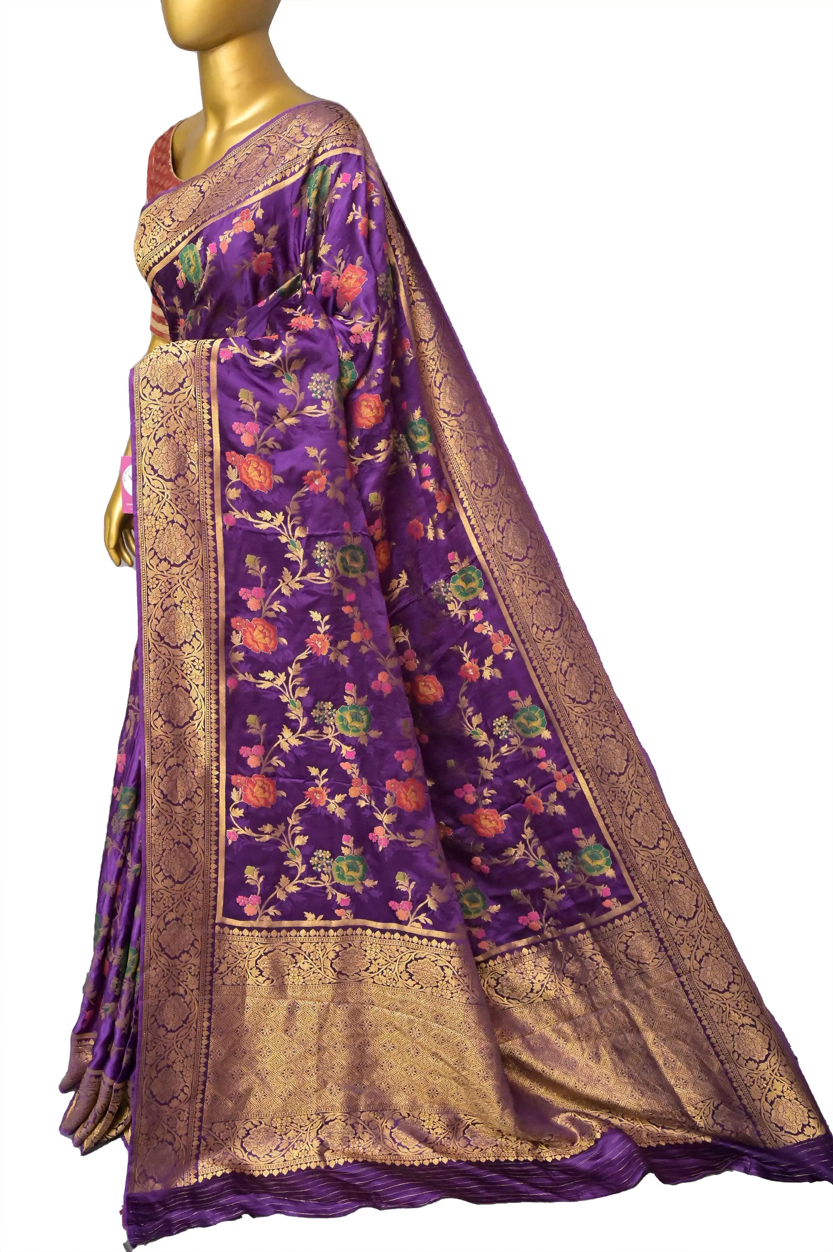 Brinjal Color Satin Katan Banarasi Saree with Allover Work