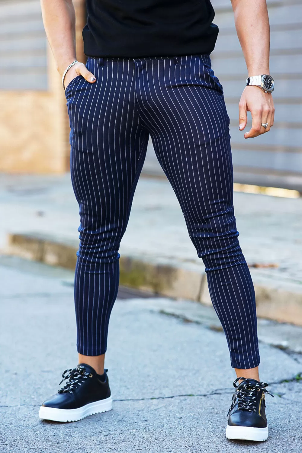 Buy $80 Free Shipping Men's Blue Striped Trousers