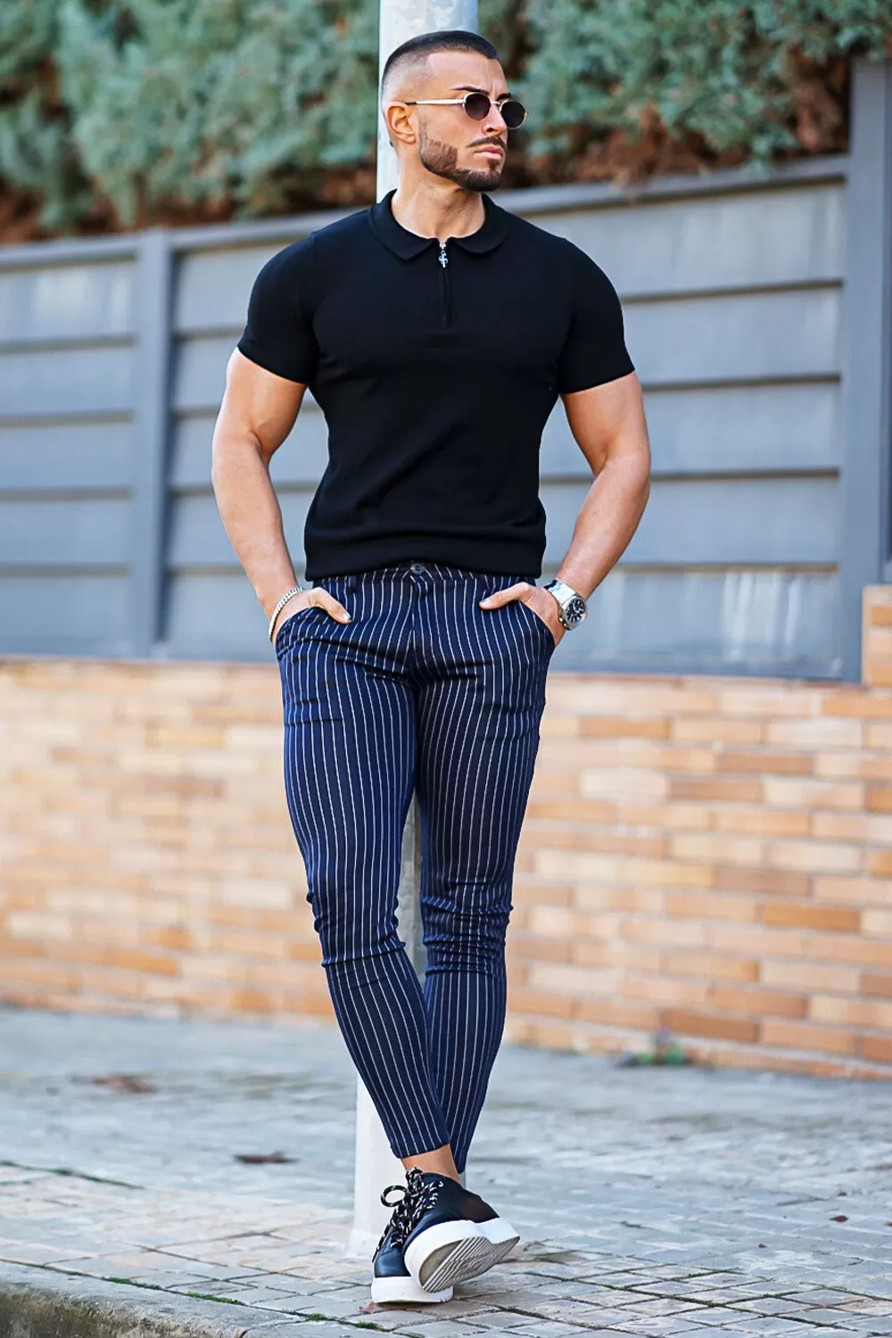 Buy $80 Free Shipping Men's Blue Striped Trousers