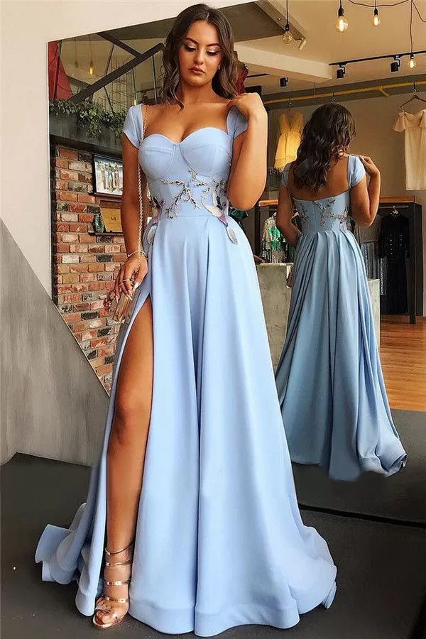 Cap Sleeves Blue Evening Dress Cheap Side Slit Chiffon Prom Dresses ER2019