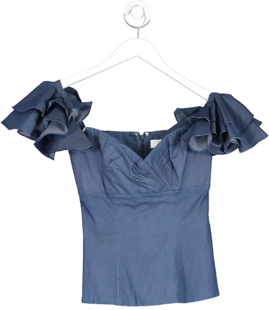 Caroline Constas Blue Denim Look Ruffle Sleeve Top UK XS