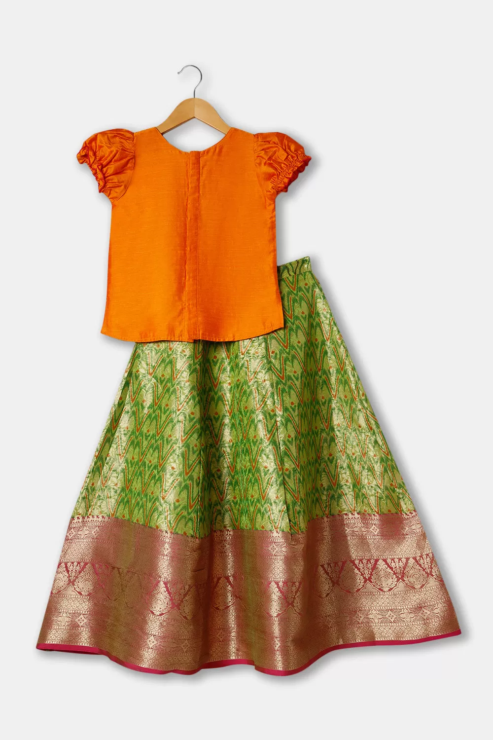 Chittythalli Girls Ethnic wear  Cotton blend  Pavadai Set with  Round Neck Puff Sleeve - Orange - PS36