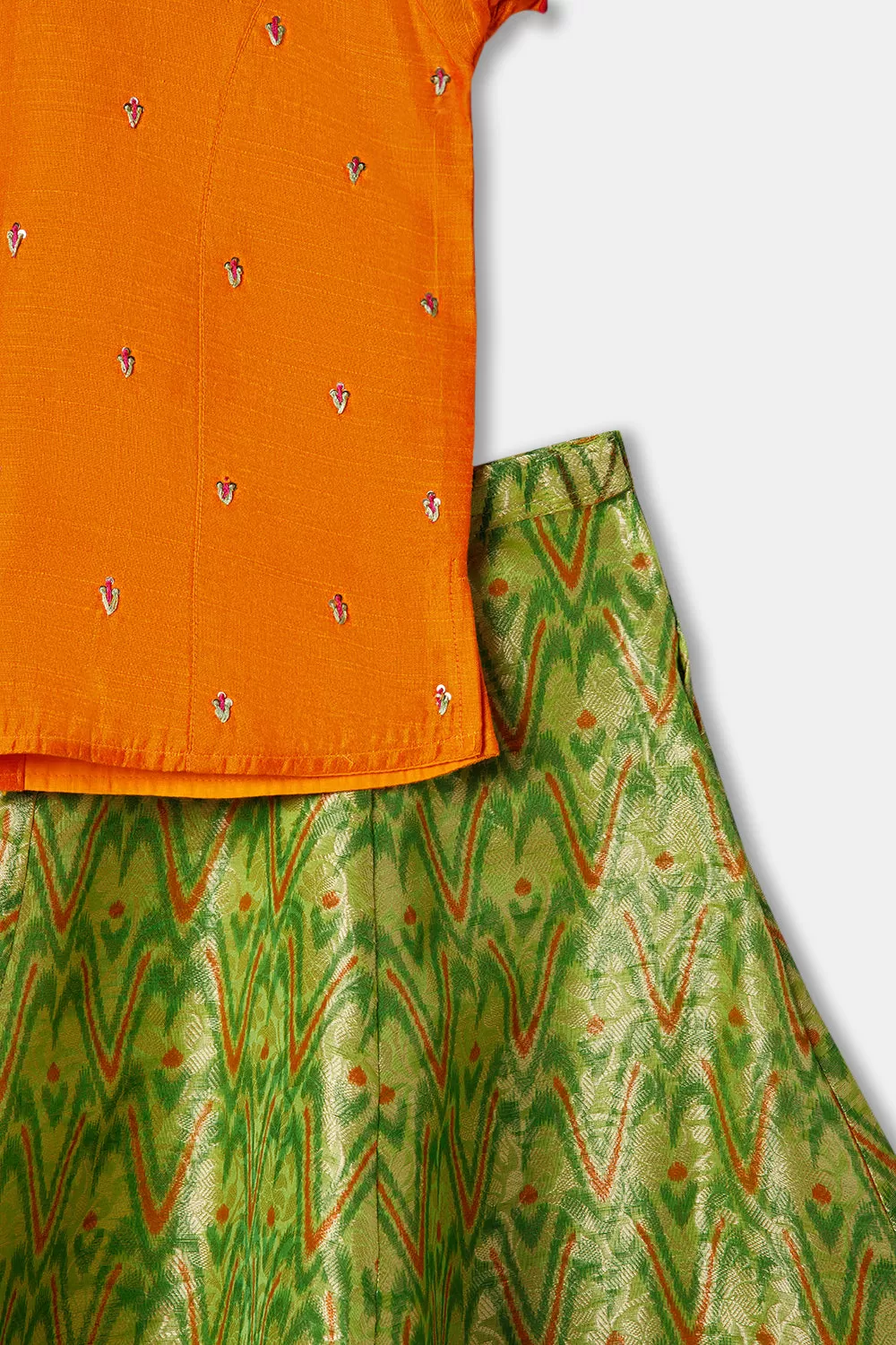 Chittythalli Girls Ethnic wear  Cotton blend  Pavadai Set with  Round Neck Puff Sleeve - Orange - PS36