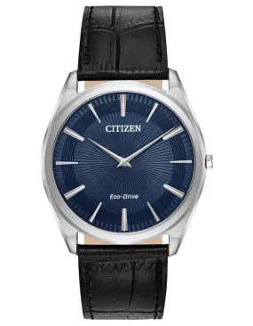 Citizen Mens Eco-Drive Stilletto Watch - Stainless Steel - Blue - Leather Strap