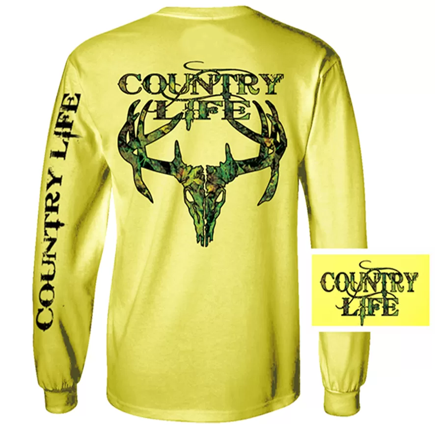 Country Life Outfitters Yellow Camo Realtree Deer Skull Head Hunt Vintage Unisex Long Sleeve Bright T Shirt