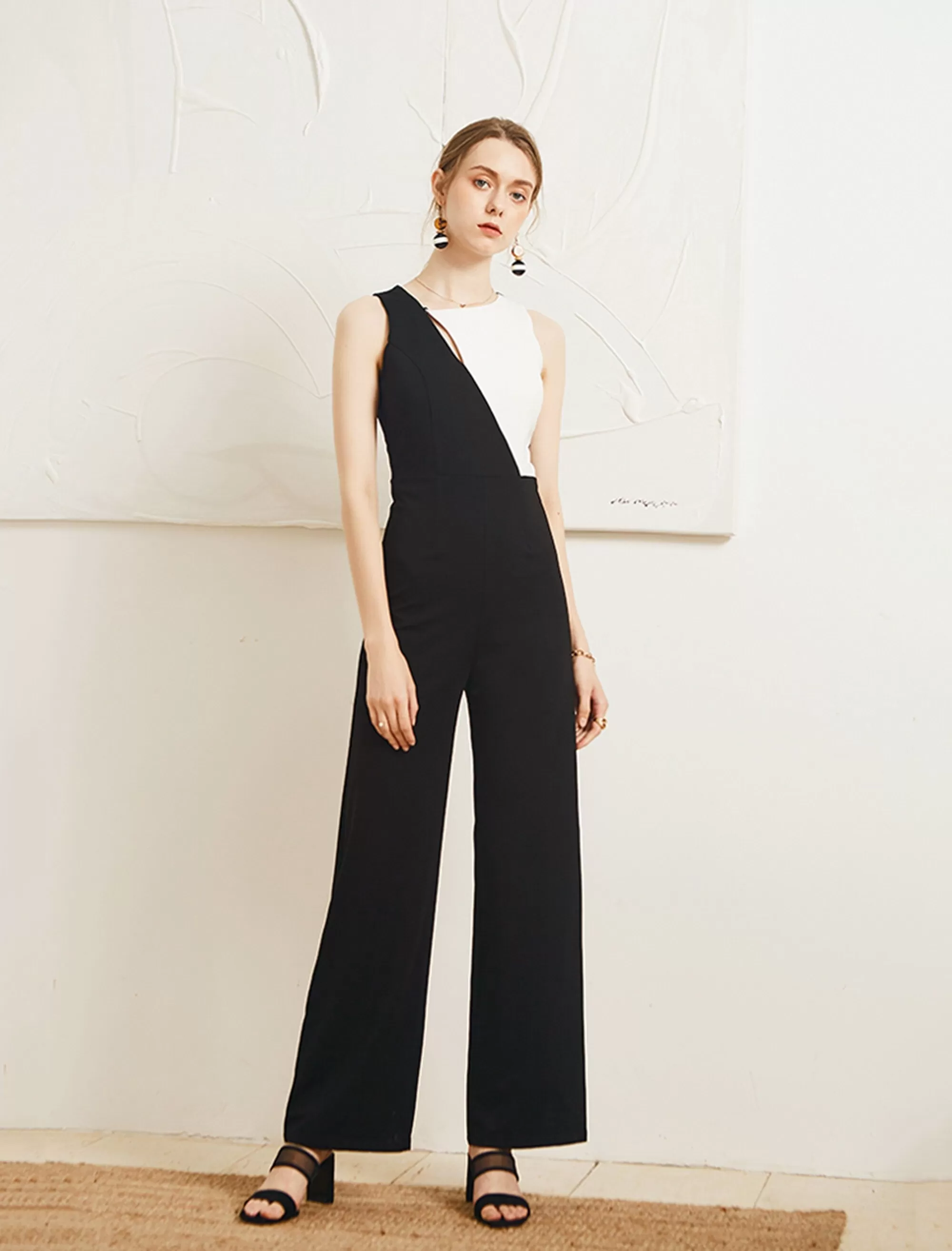 Crystal Colorblock Black White Sleeveless Jumpsuit