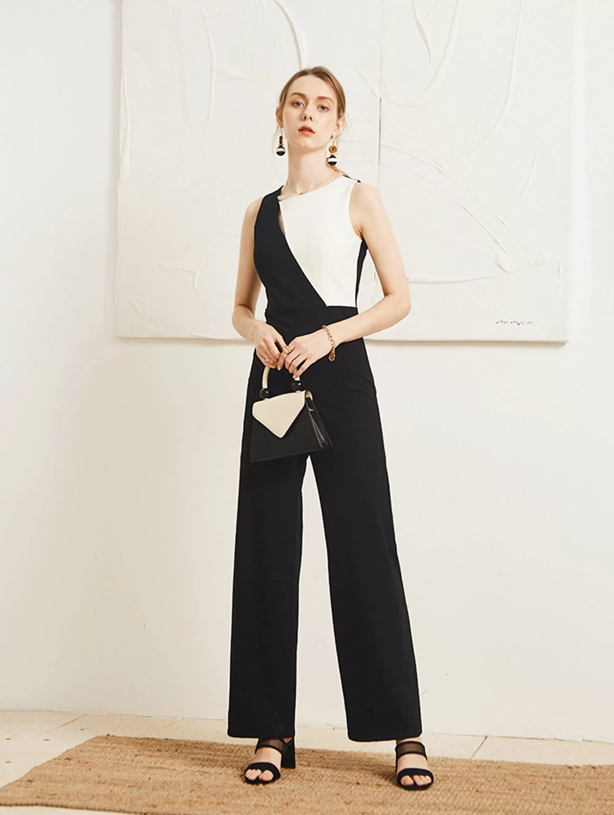 Crystal Colorblock Black White Sleeveless Jumpsuit