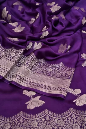 Deep Brinjal Color Satin Banarasi Silk Saree with Silver Zari Butterfly Motif Work