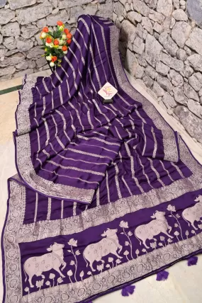 Deep Purple Color Satin Silk Banarasi Saree with Silver Zari Work