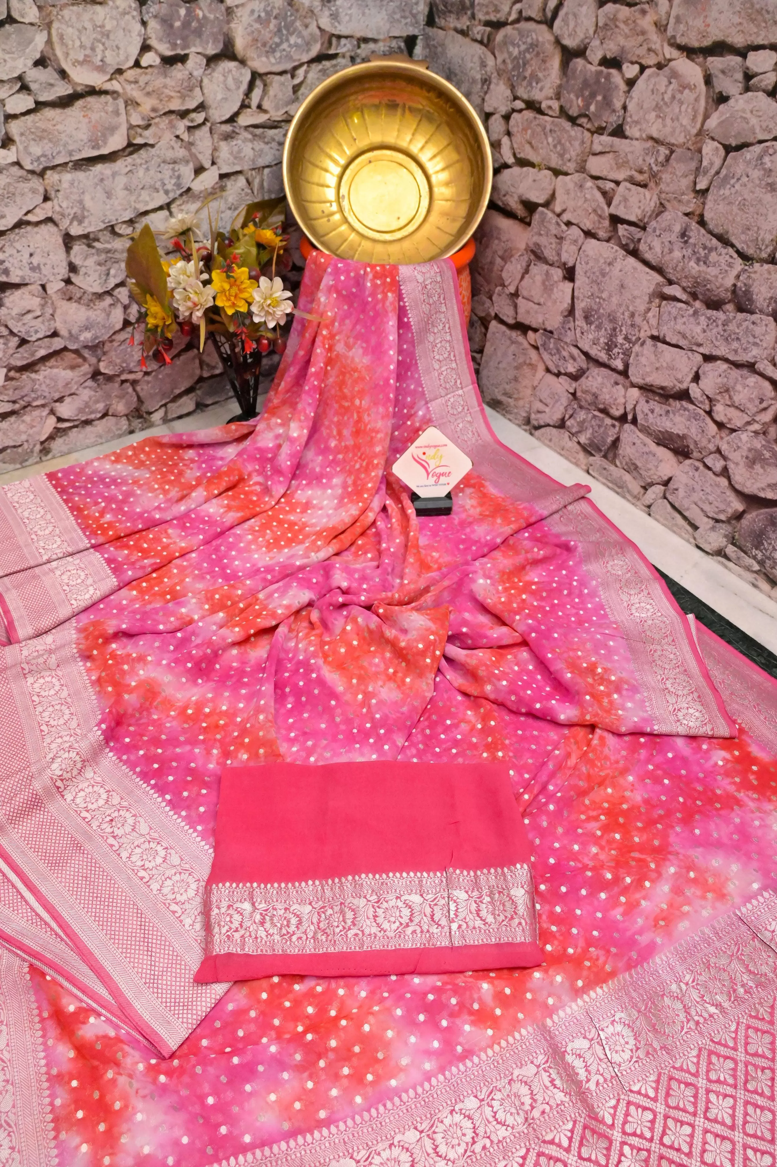 Dual Magenta Color Georgette Banarasi Saree with Silver Zari and Tie-Dye Work