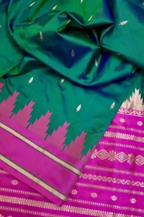 Dual Tone Dark Green and Blue Color Pure Katan Banarasi Saree