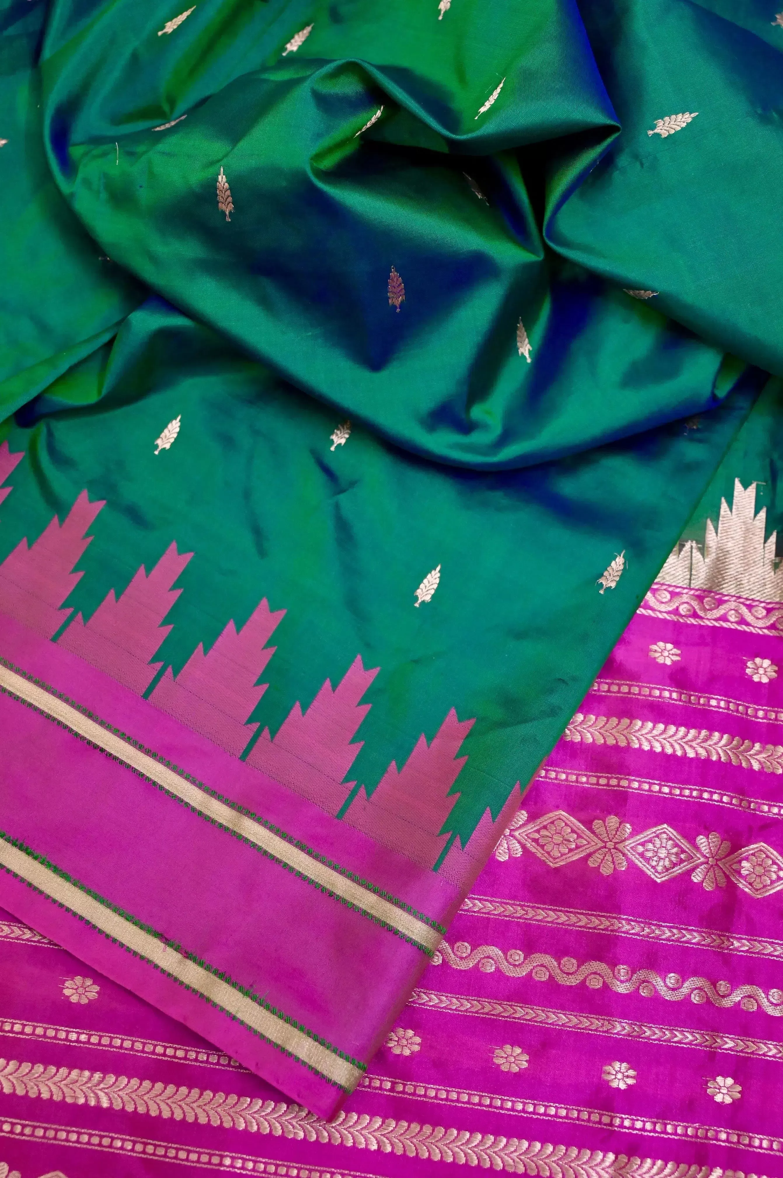 Dual Tone Dark Green and Blue Color Pure Katan Banarasi Saree