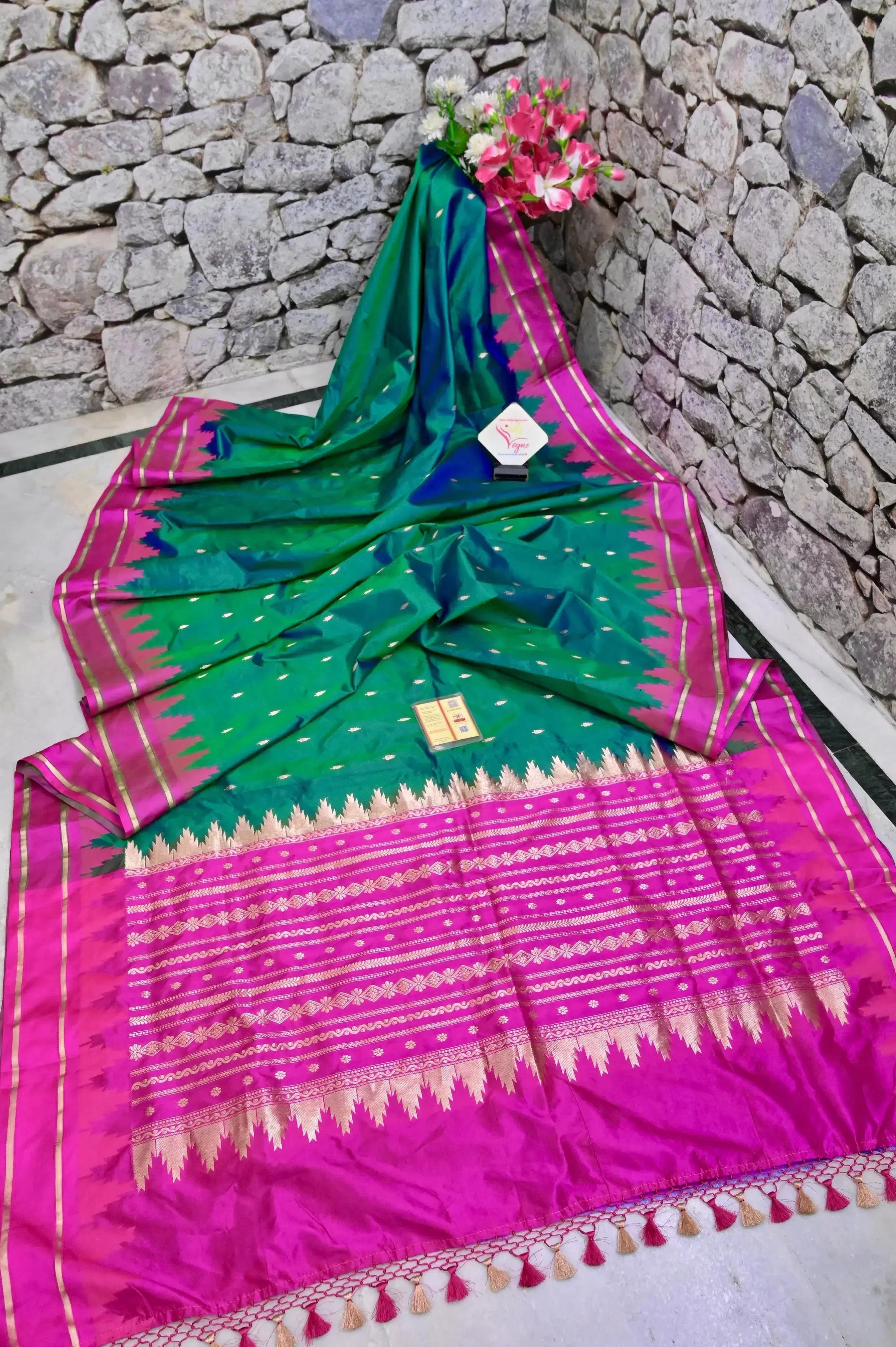 Dual Tone Dark Green and Blue Color Pure Katan Banarasi Saree