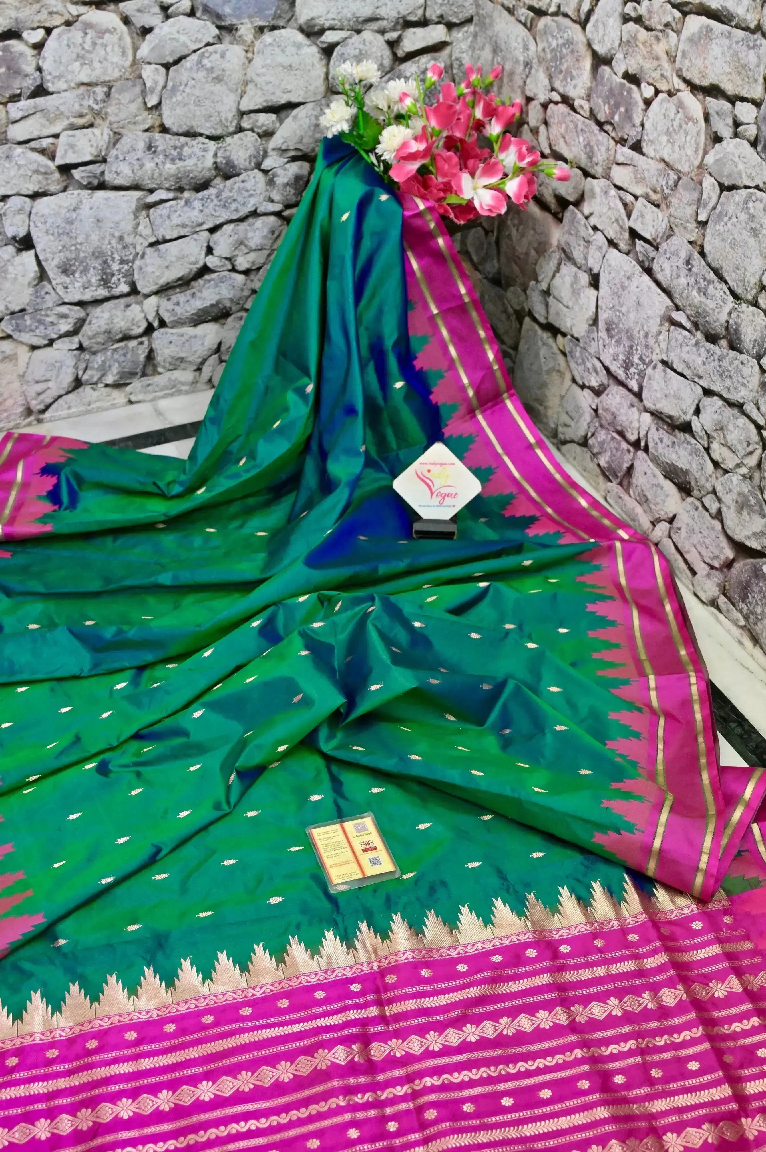 Dual Tone Dark Green and Blue Color Pure Katan Banarasi Saree