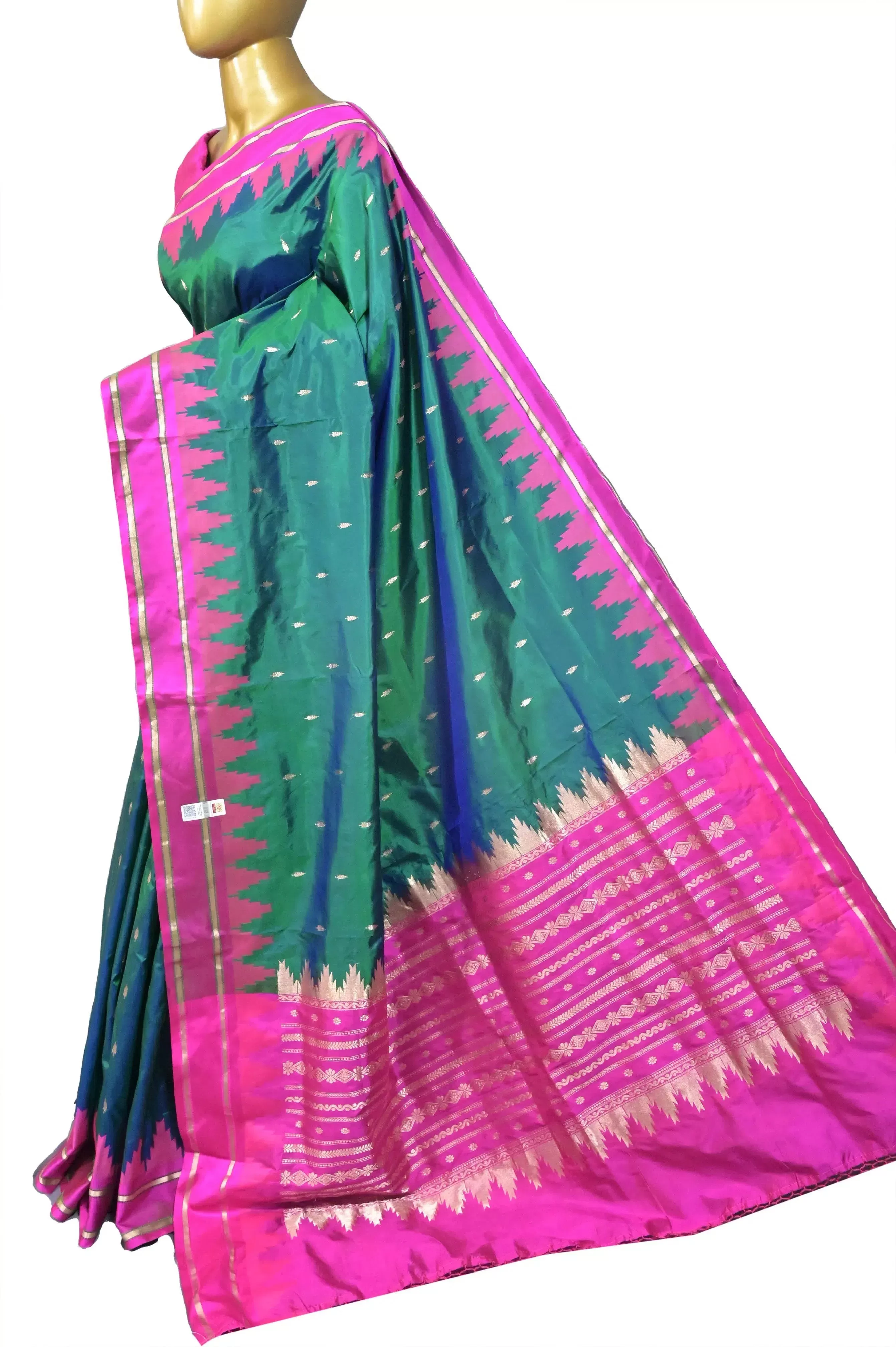 Dual Tone Dark Green and Blue Color Pure Katan Banarasi Saree