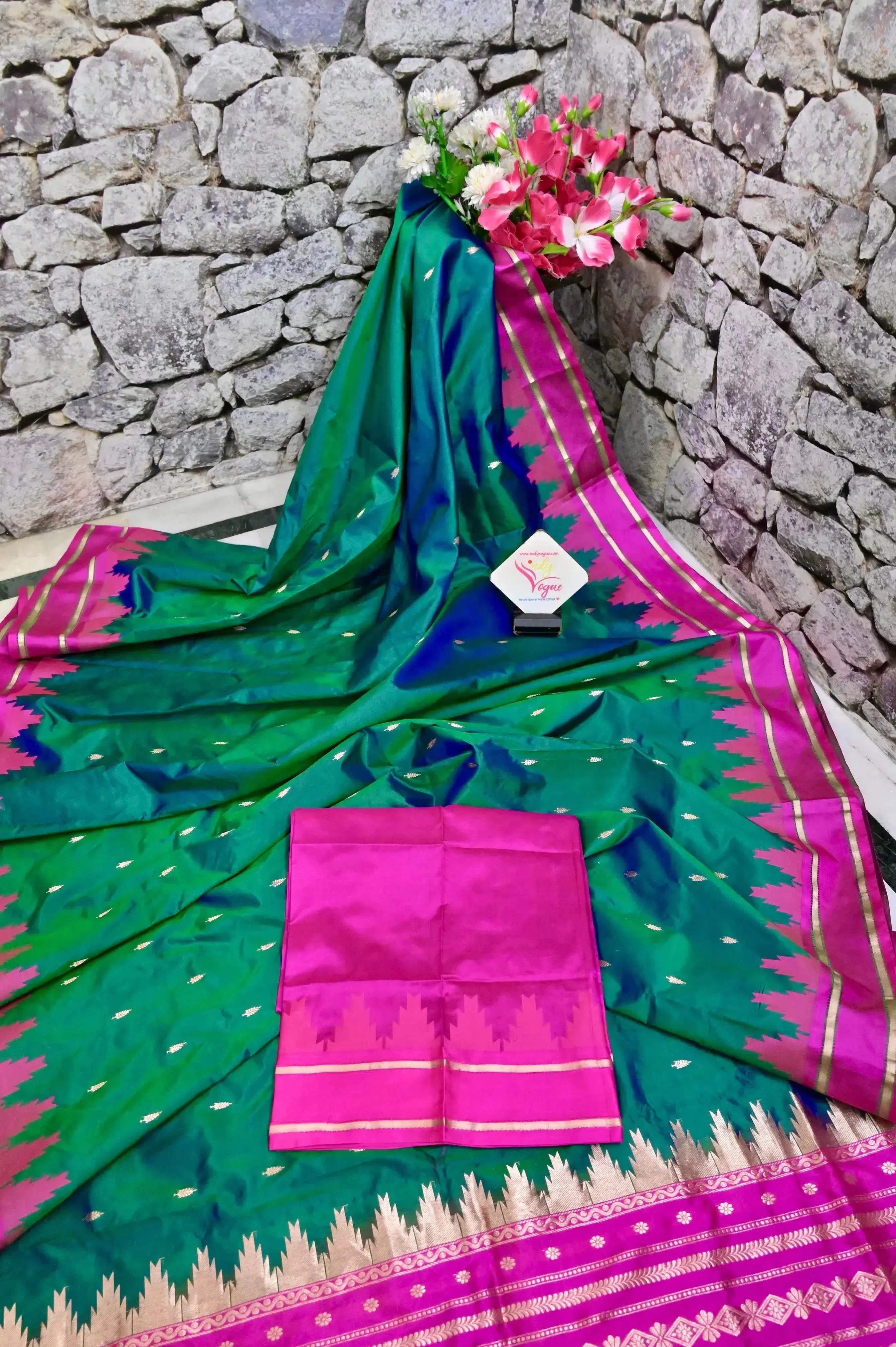 Dual Tone Dark Green and Blue Color Pure Katan Banarasi Saree