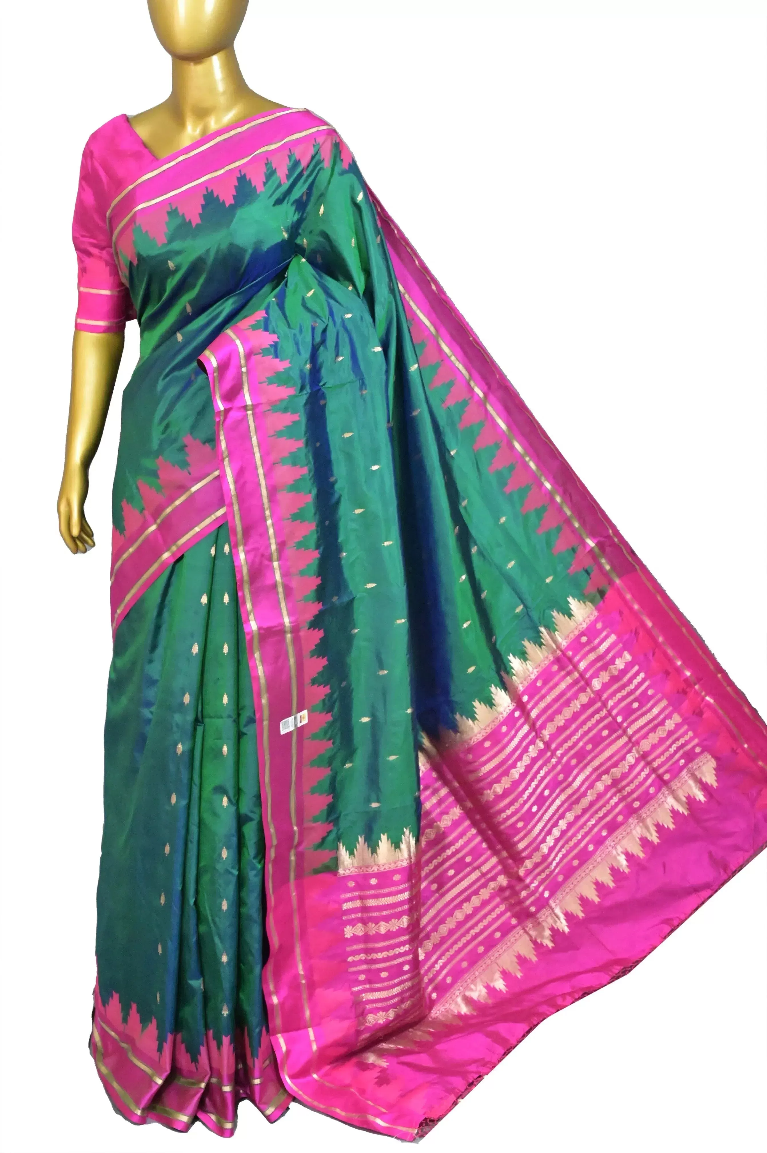 Dual Tone Dark Green and Blue Color Pure Katan Banarasi Saree