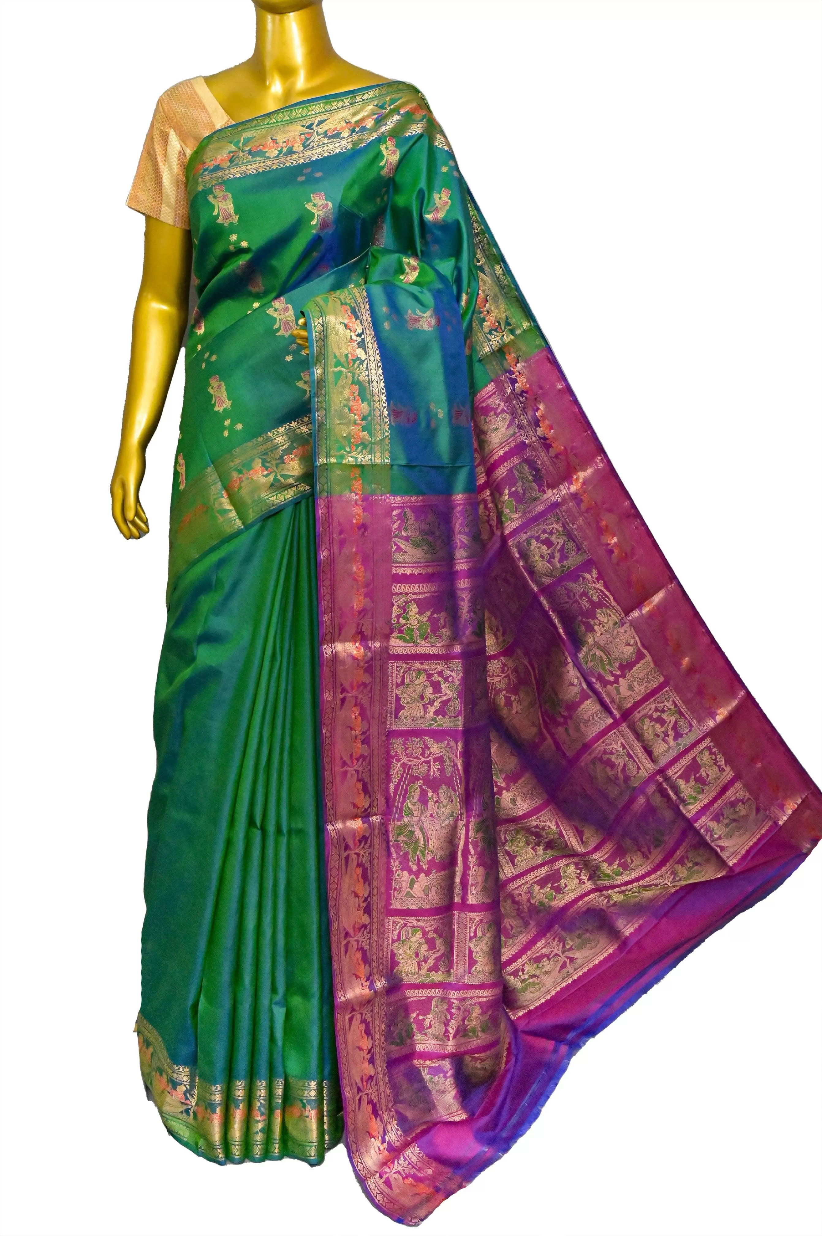 Dual Tone Green Color Baluchari Silk Saree with Contrast Pallu